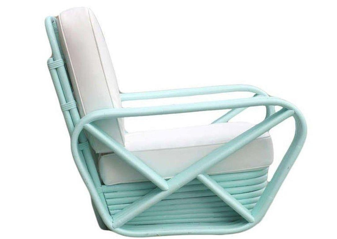 Restored Aqua Turquoise 5-Strand Square Pretzel Rattan Lounge Chairs - Pair - 9