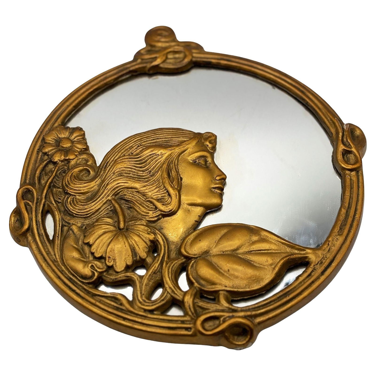 Cast Brass Art Nouveau Round Wall Mirror with Ivy Lady Portrait - 7