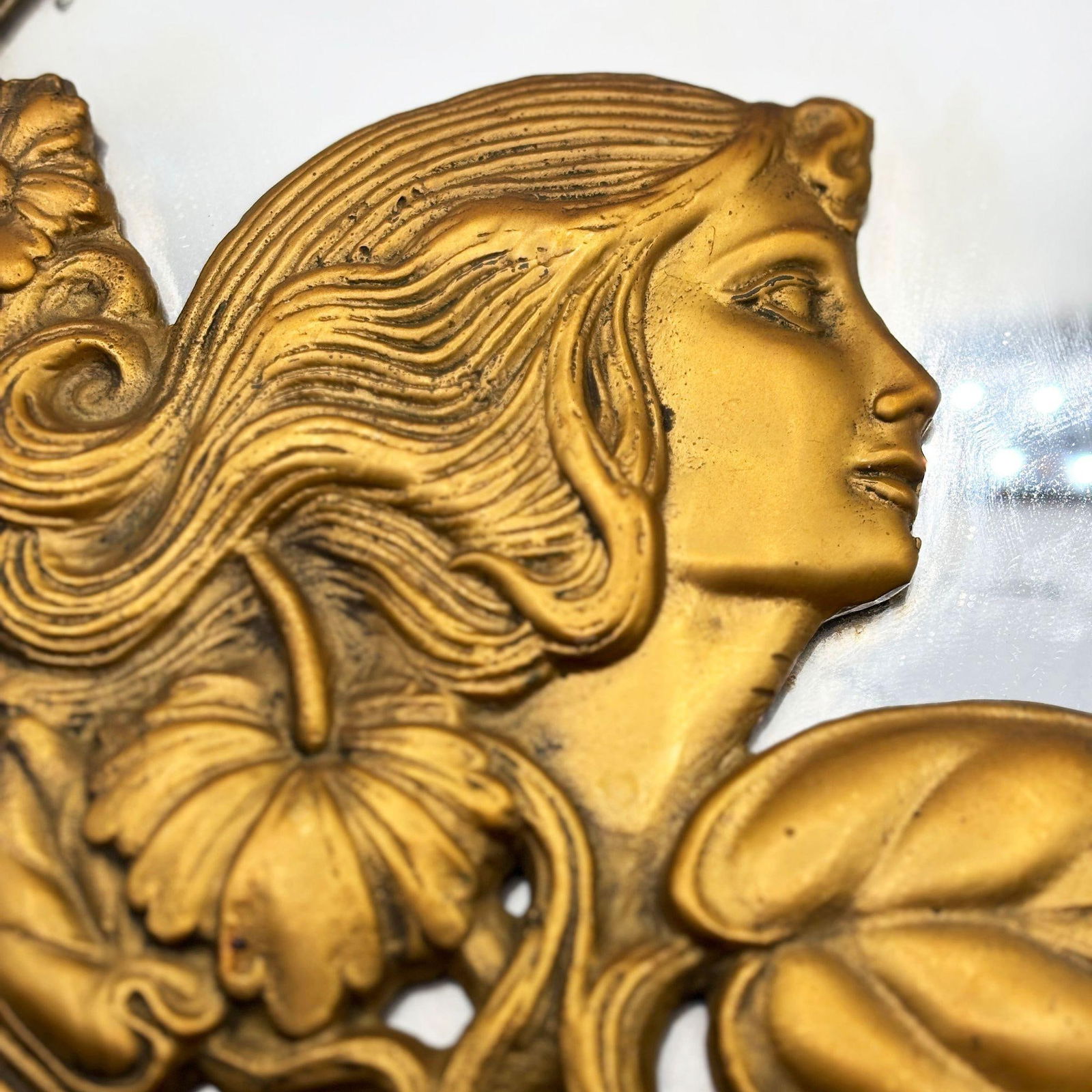 Cast Brass Art Nouveau Round Wall Mirror with Ivy Lady Portrait - 9