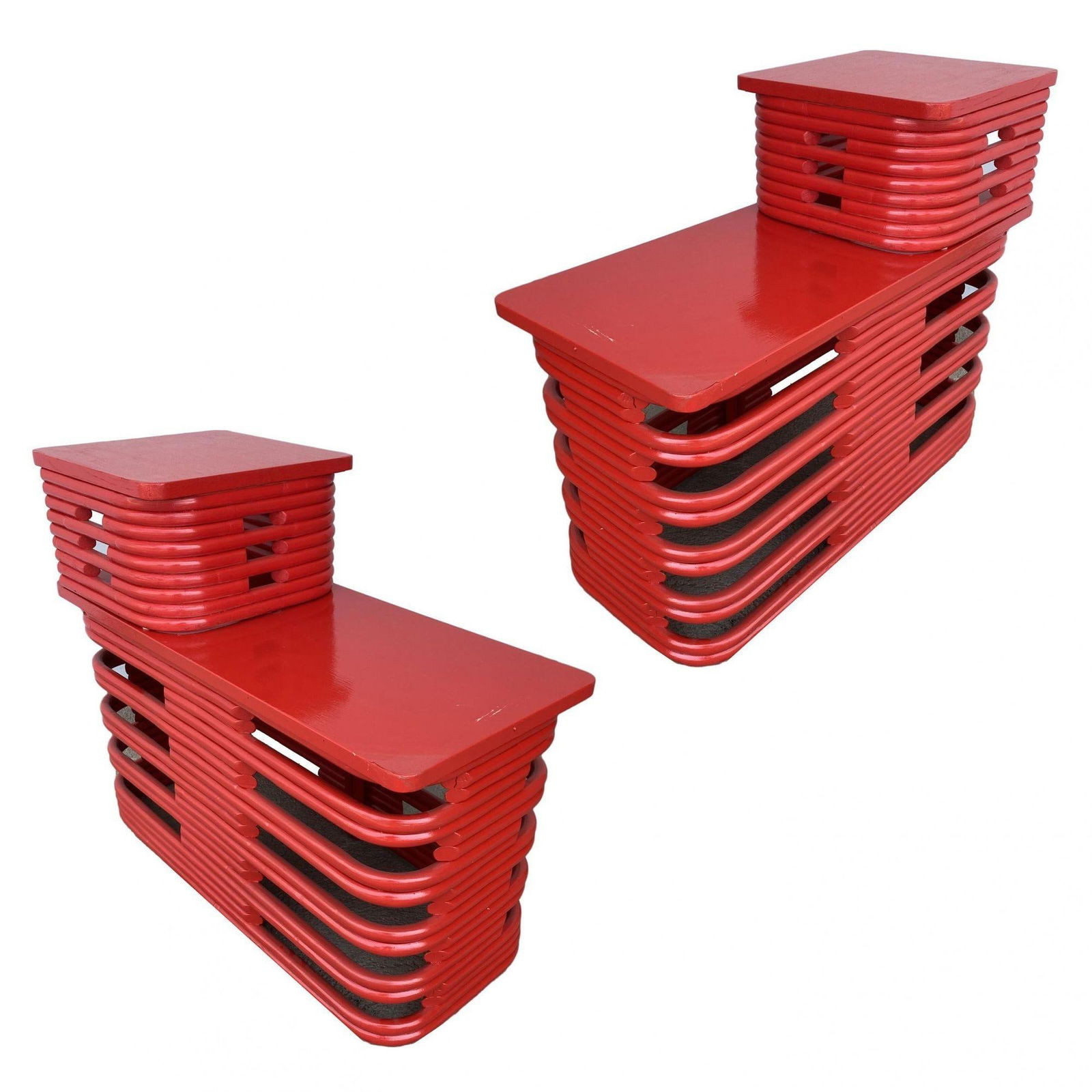 Restored Red Six-Strand Square Pretzel Loveseat Sofa & Table Livingroom Set - 11