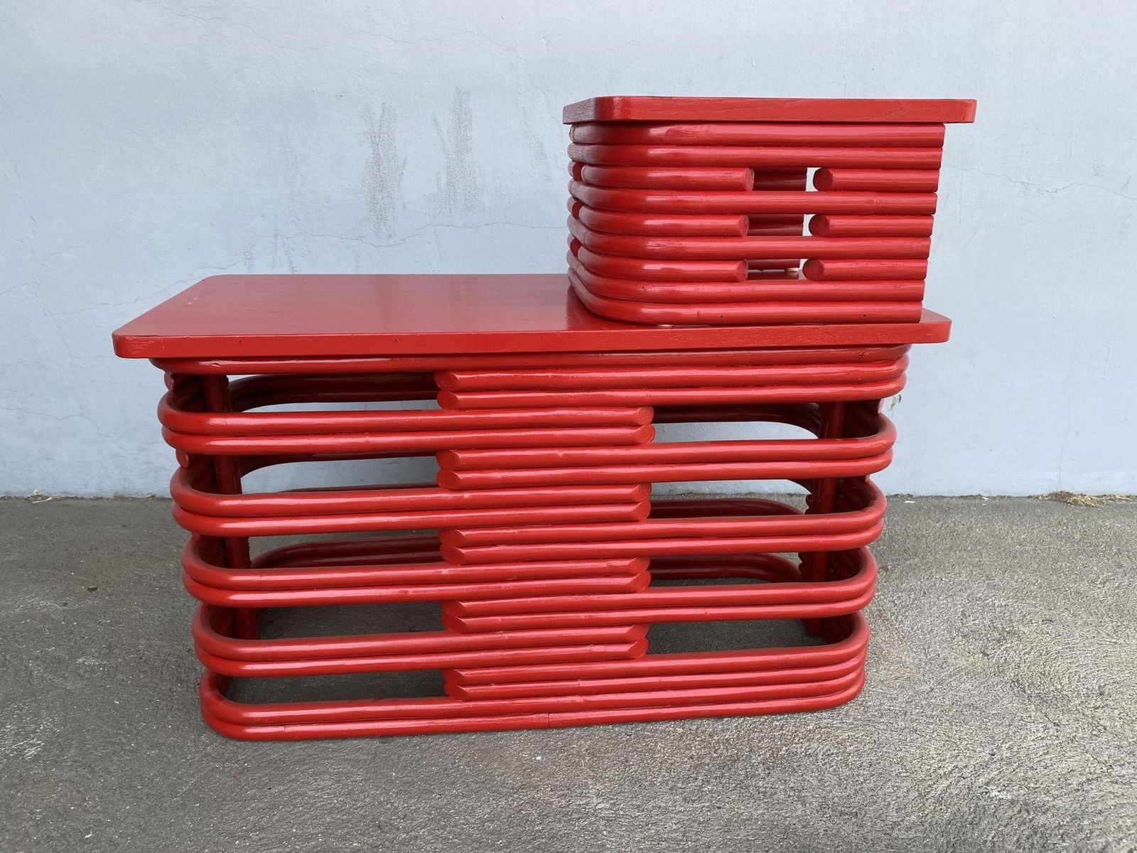 Restored Red Six-Strand Square Pretzel Loveseat Sofa & Table Livingroom Set - 17