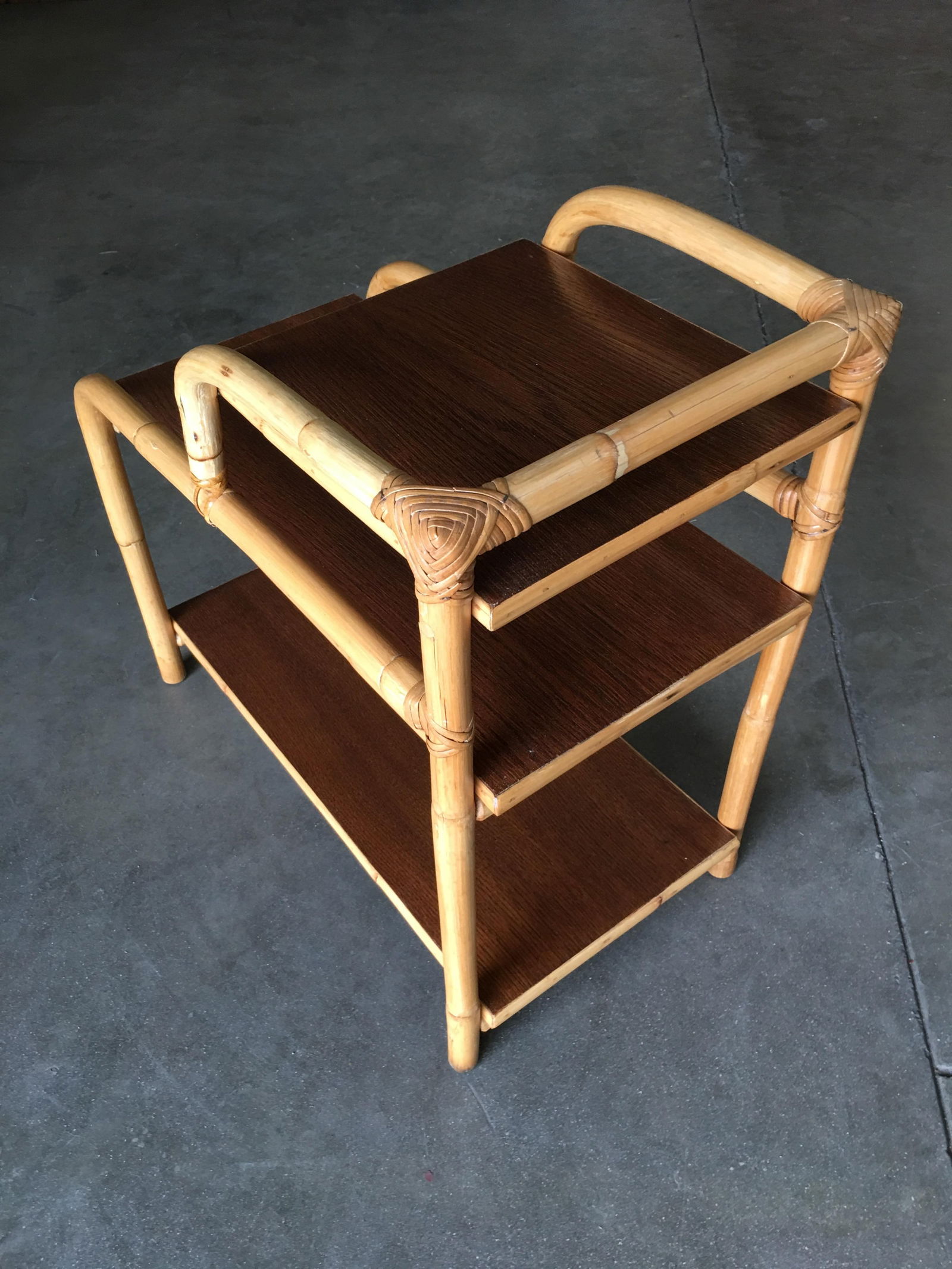 Restored Rattan Side Lamp Table with Three-Tier Mahogany Tops - 10