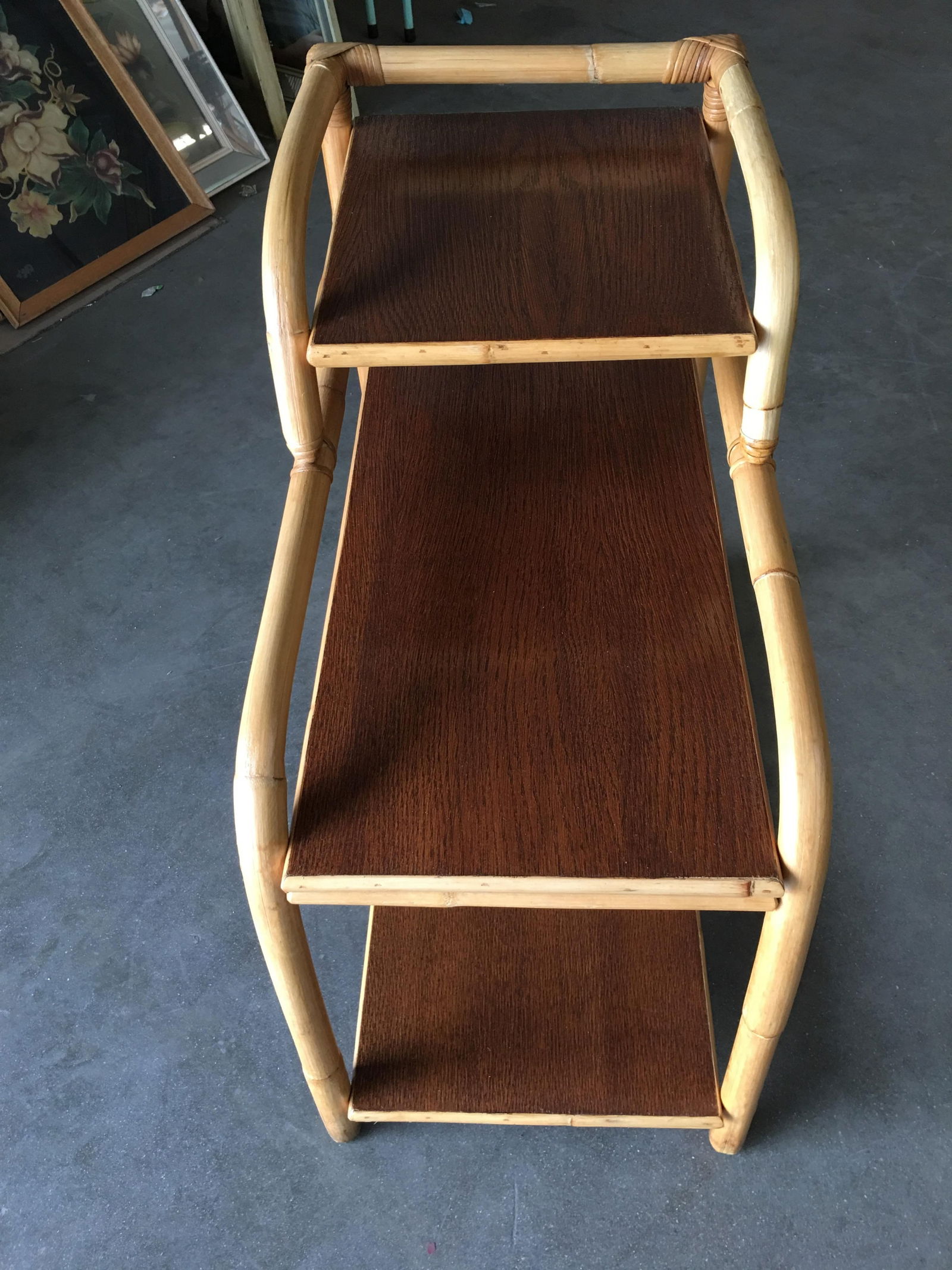 Restored Rattan Side Lamp Table with Three-Tier Mahogany Tops - 18