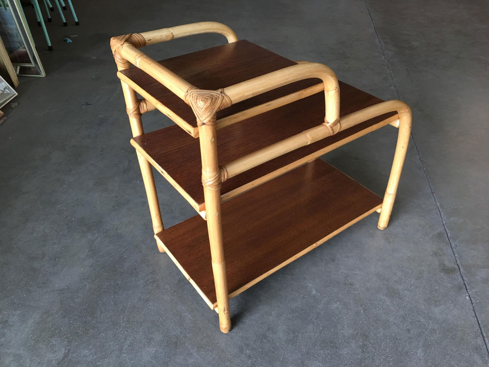 Restored Rattan Side Lamp Table with Three-Tier Mahogany Tops - 5
