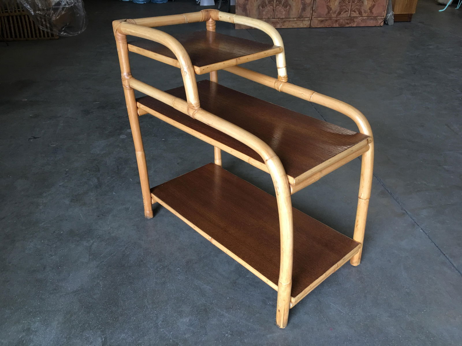 Restored Rattan Side Lamp Table with Three-Tier Mahogany Tops - 8