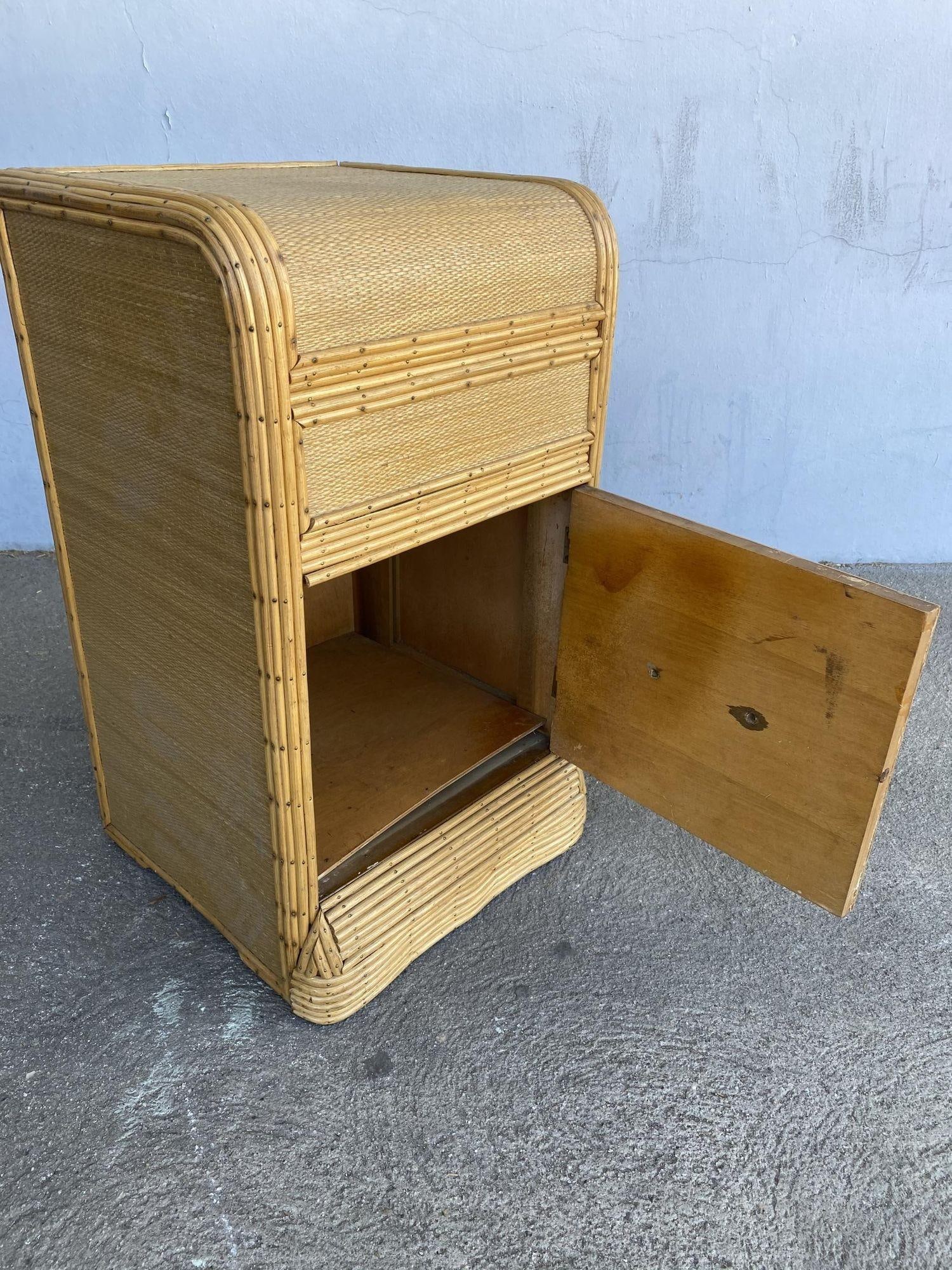 Restored Streamline Grass Mat Covered Reed Rattan Bedside Table - 4