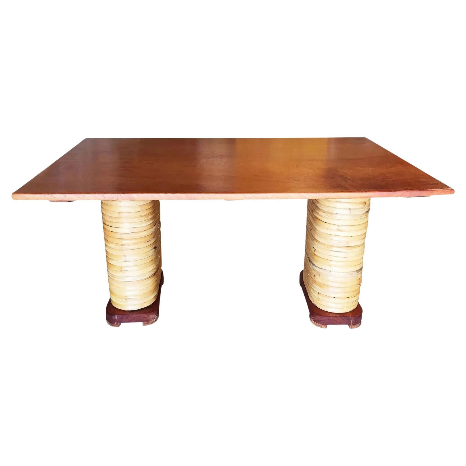 Restored Stacked Rattan Double Mahogany Pedestal Dining Table: Midcentury six-person stacked rattan double mahogany dining table featuring 2 stacked rattan pedestal bases with solid mahogany feet and a mahogany table top. Restored to new for you. We only purchase