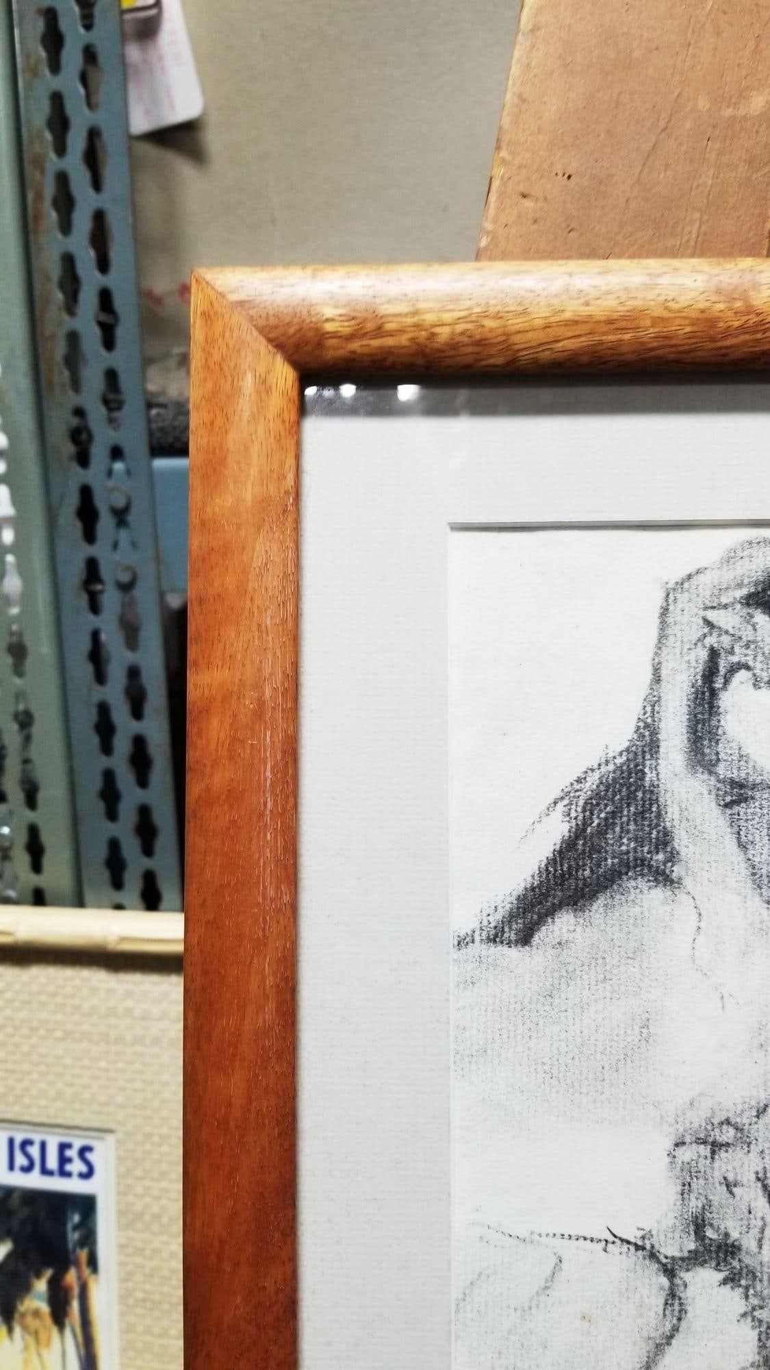 Hawaiian Female Portrait Charcoal on Paper Titled "Poliʻahu" in Koa Wood Frame - 15