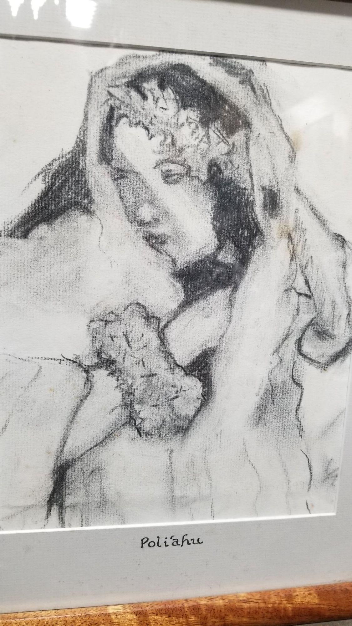 Hawaiian Female Portrait Charcoal on Paper Titled "Poliʻahu" in Koa Wood Frame - 6