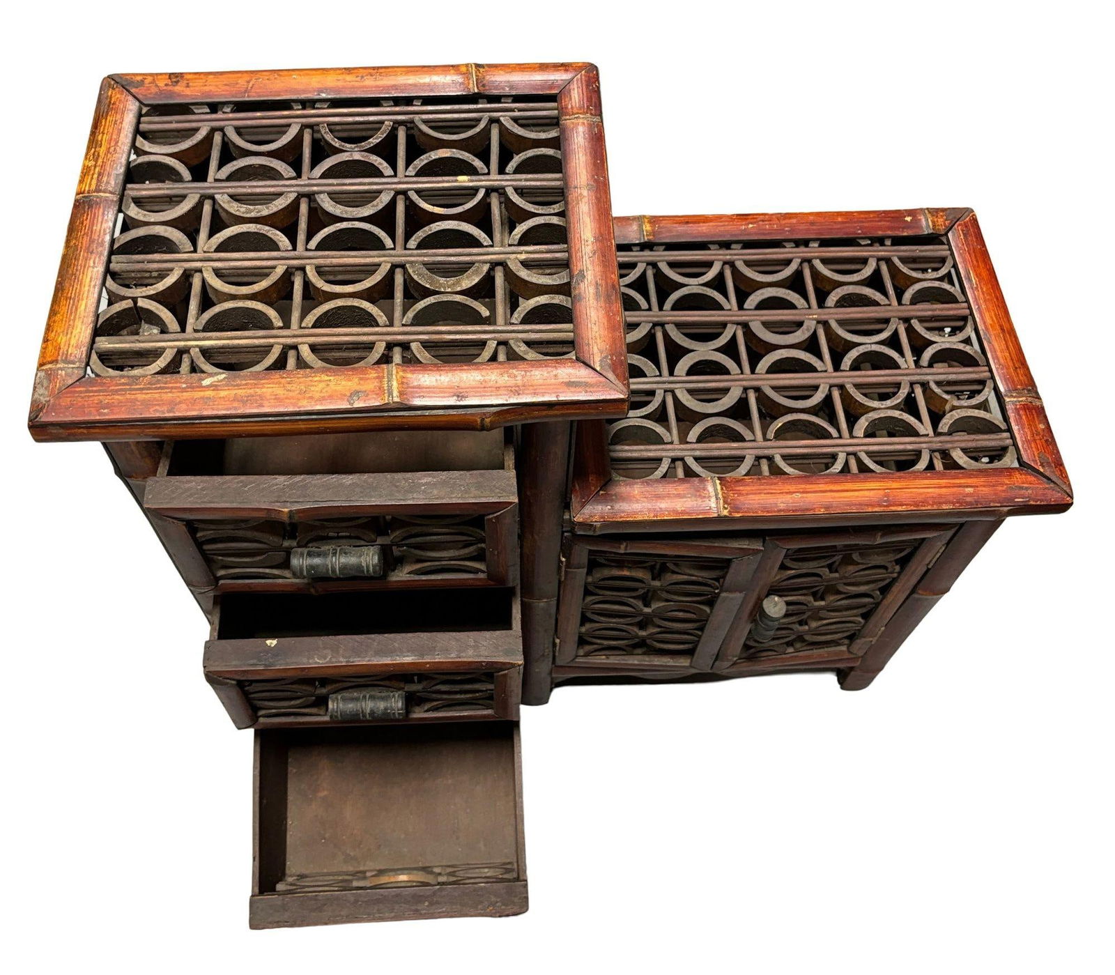 Late Qing Dynasty Split Bamboo & Lattice Top Chippendale Cabinet w/ 3 Drawers - 14