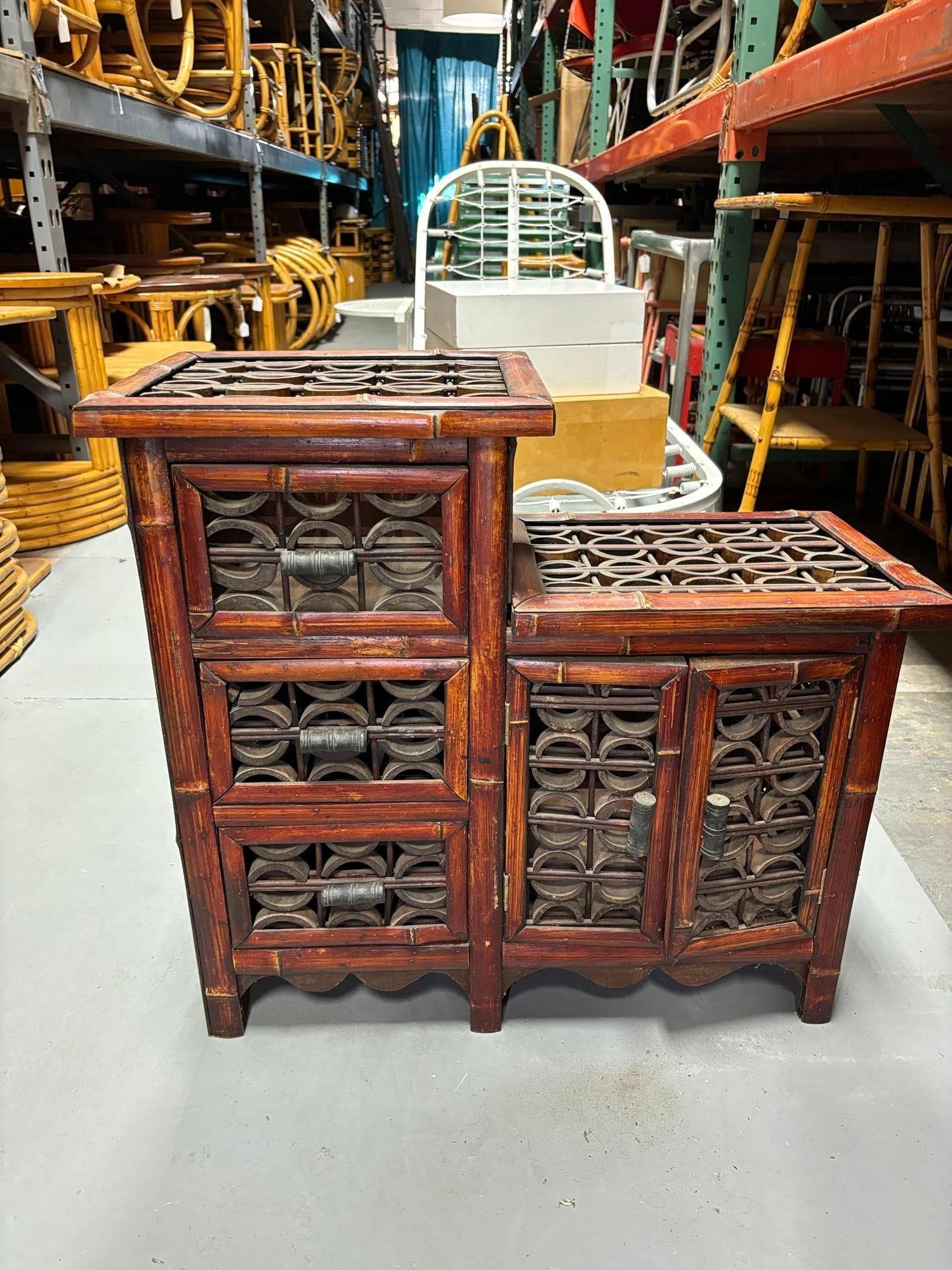 Late Qing Dynasty Split Bamboo & Lattice Top Chippendale Cabinet w/ 3 Drawers - 6