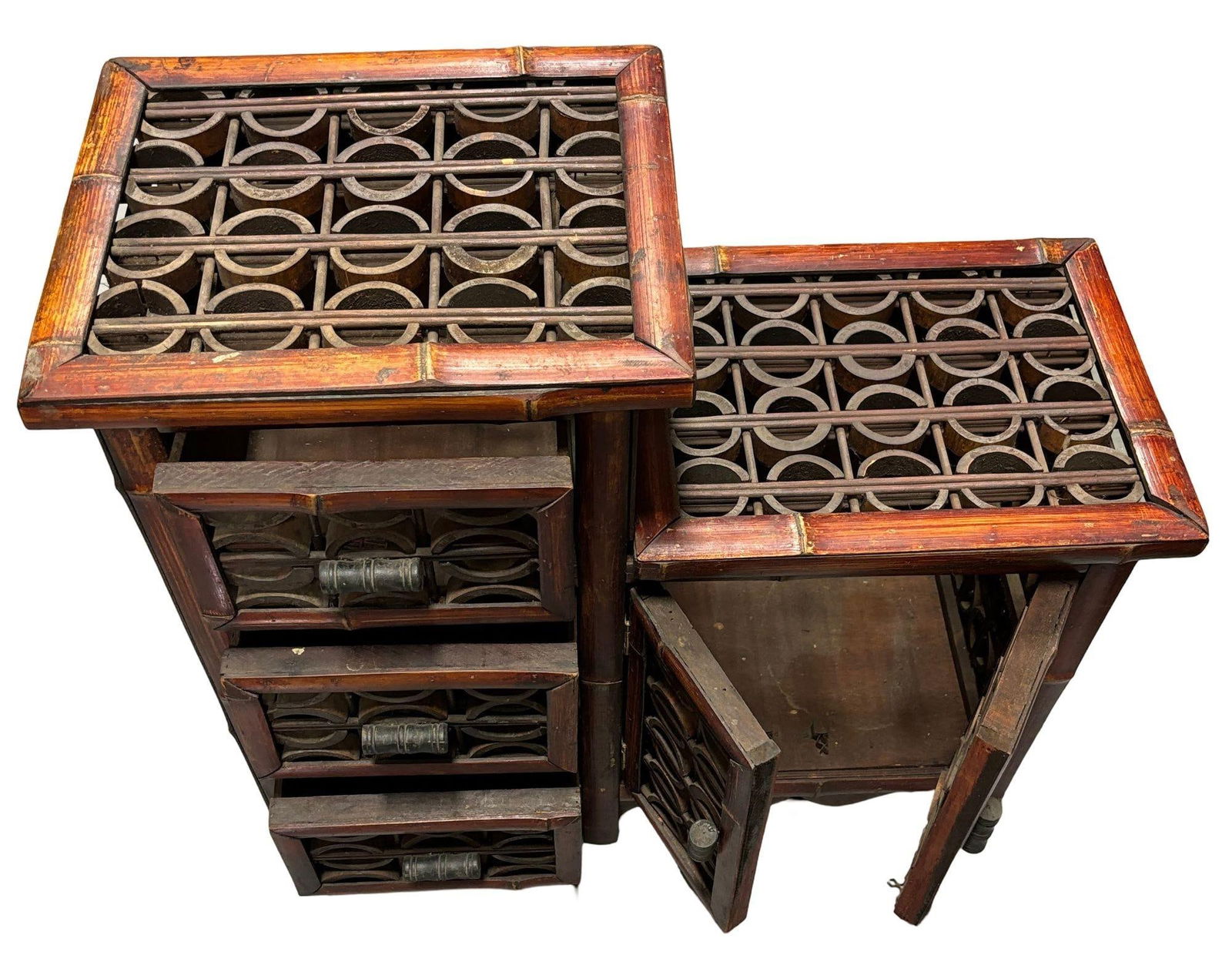 Late Qing Dynasty Split Bamboo & Lattice Top Chippendale Cabinet w/ 3 Drawers - 9