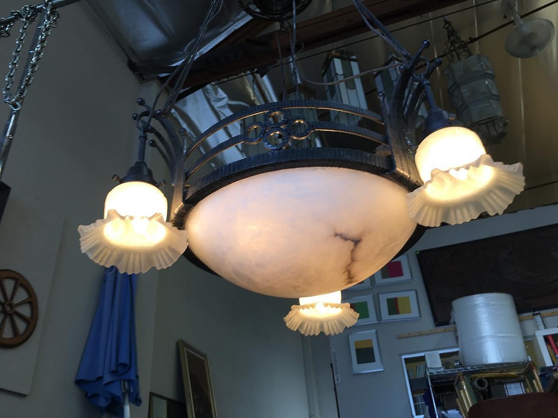 Black Iron Tole 6-Light Chandelier with Alabaster and Acid Patina - 12