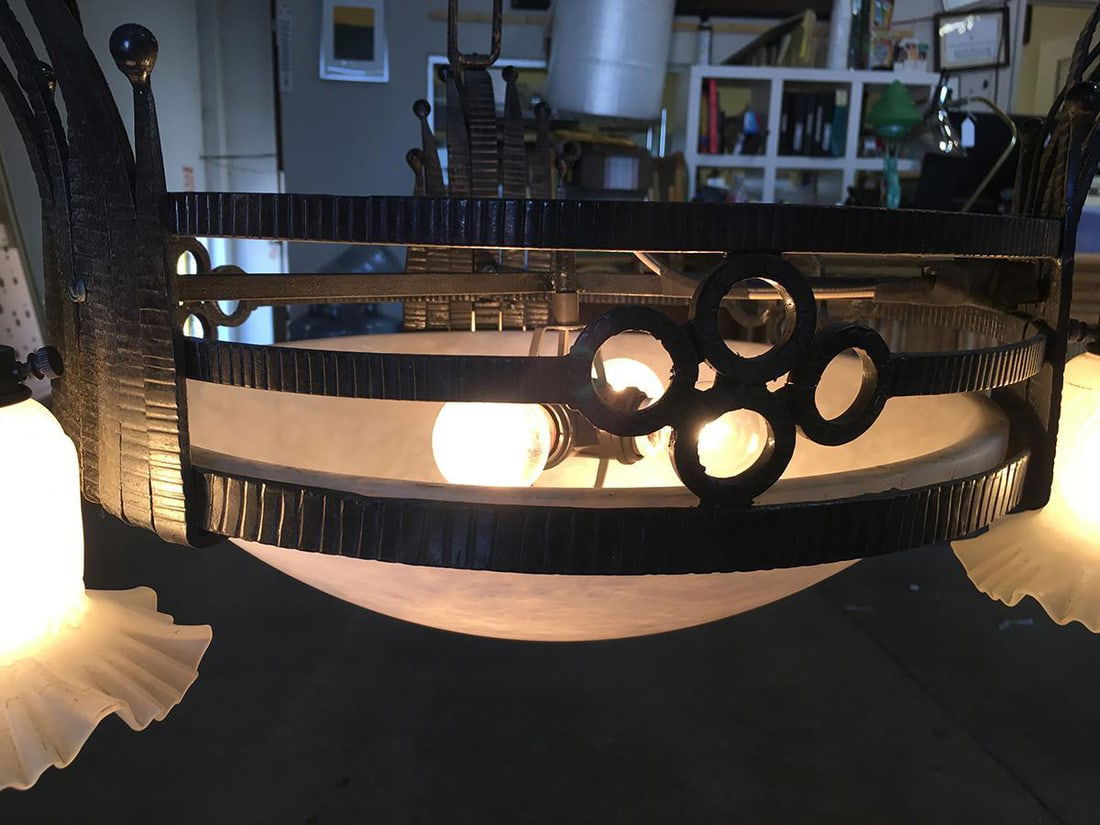 Black Iron Tole 6-Light Chandelier with Alabaster and Acid Patina - 13