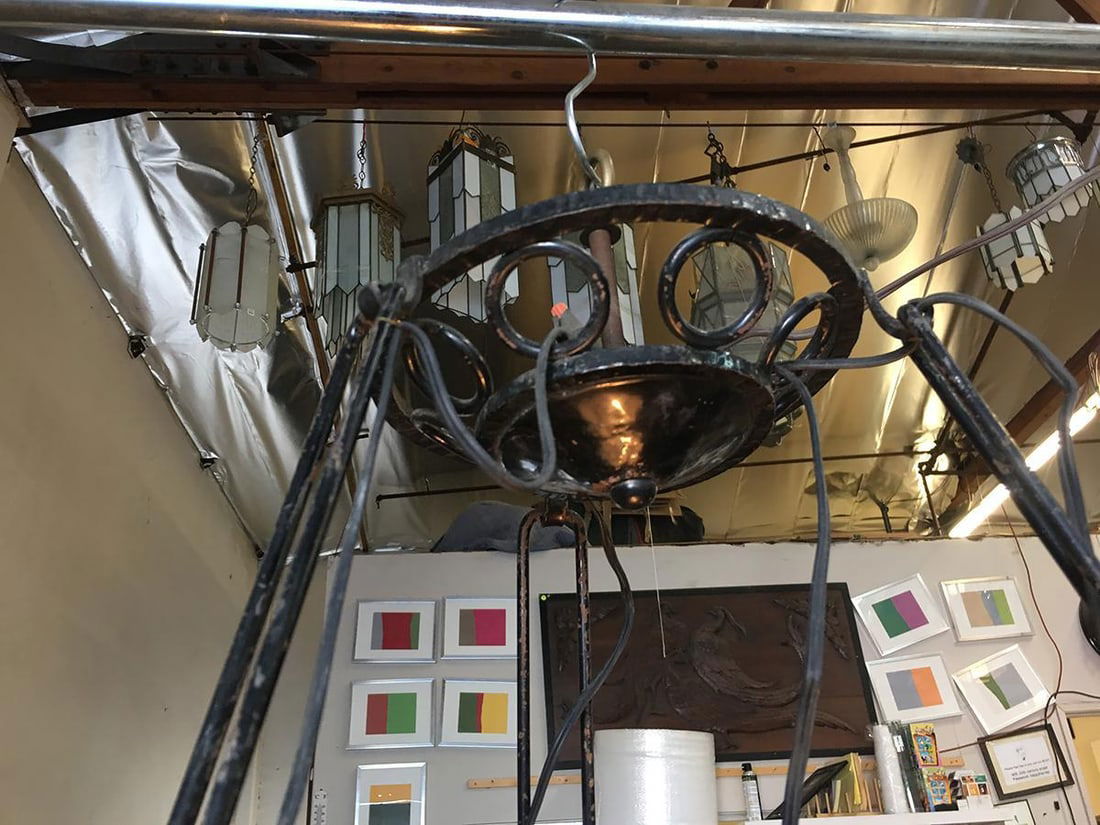 Black Iron Tole 6-Light Chandelier with Alabaster and Acid Patina - 14