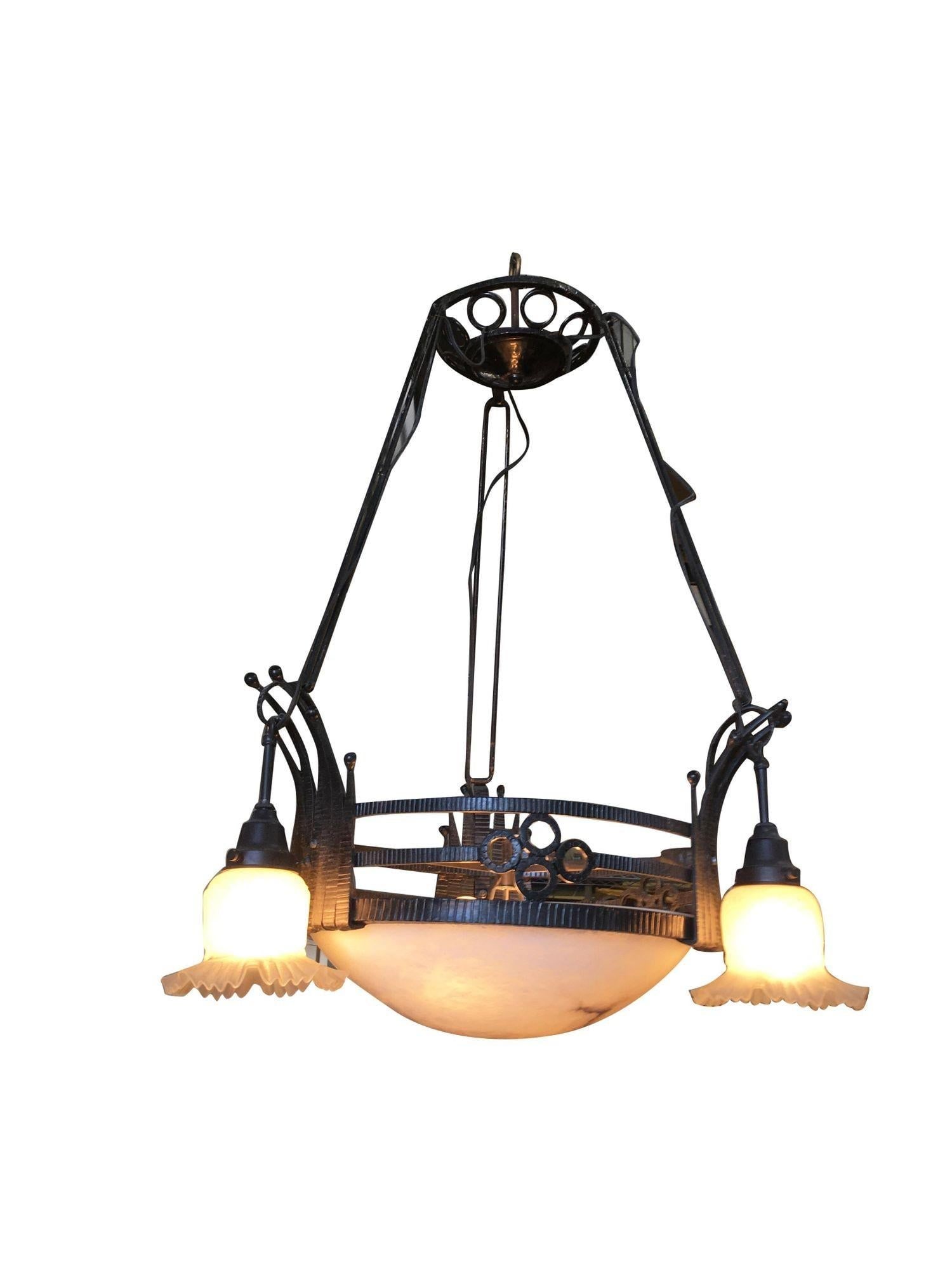 Black Iron Tole 6-Light Chandelier with Alabaster and Acid Patina - 6