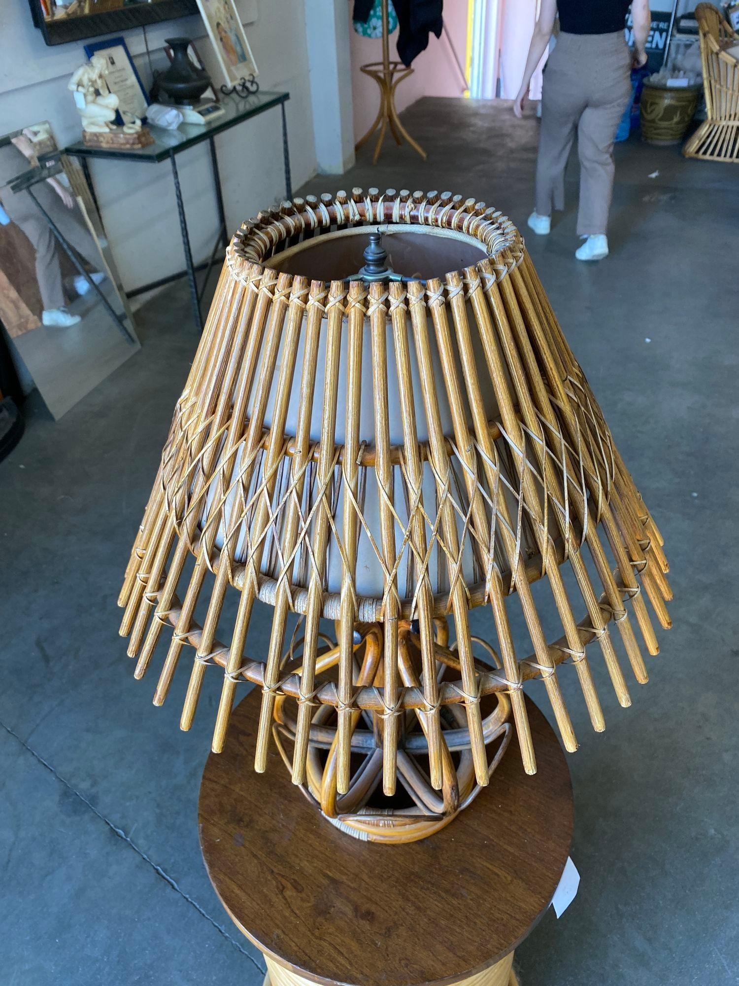 Restored Modernist Stacked Stick Reed Rattan Table Lamp w/ Rattan Shade - 9