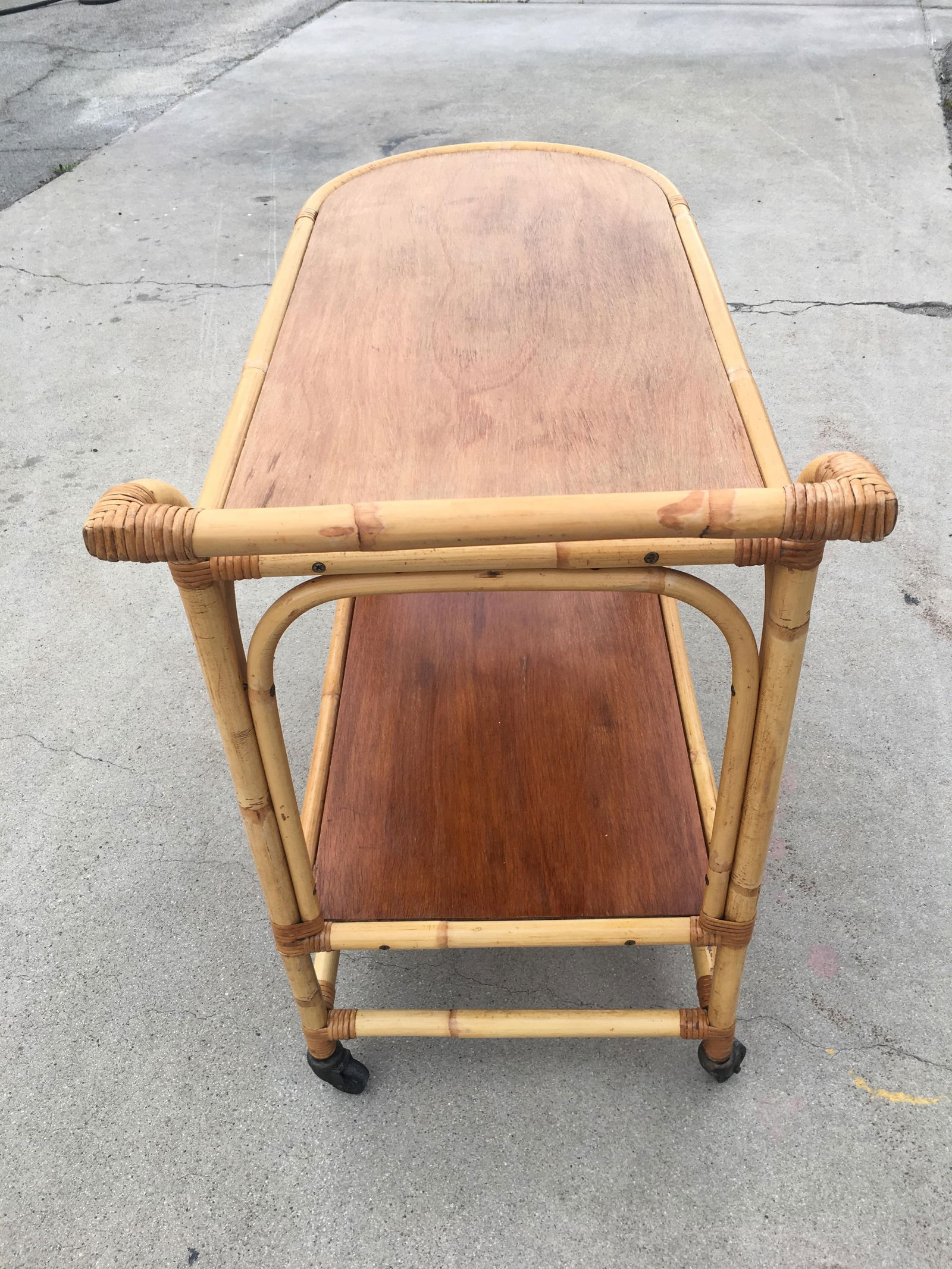 Two-Tier Rattan and Mahogany Tombstone Bar Cart - 20