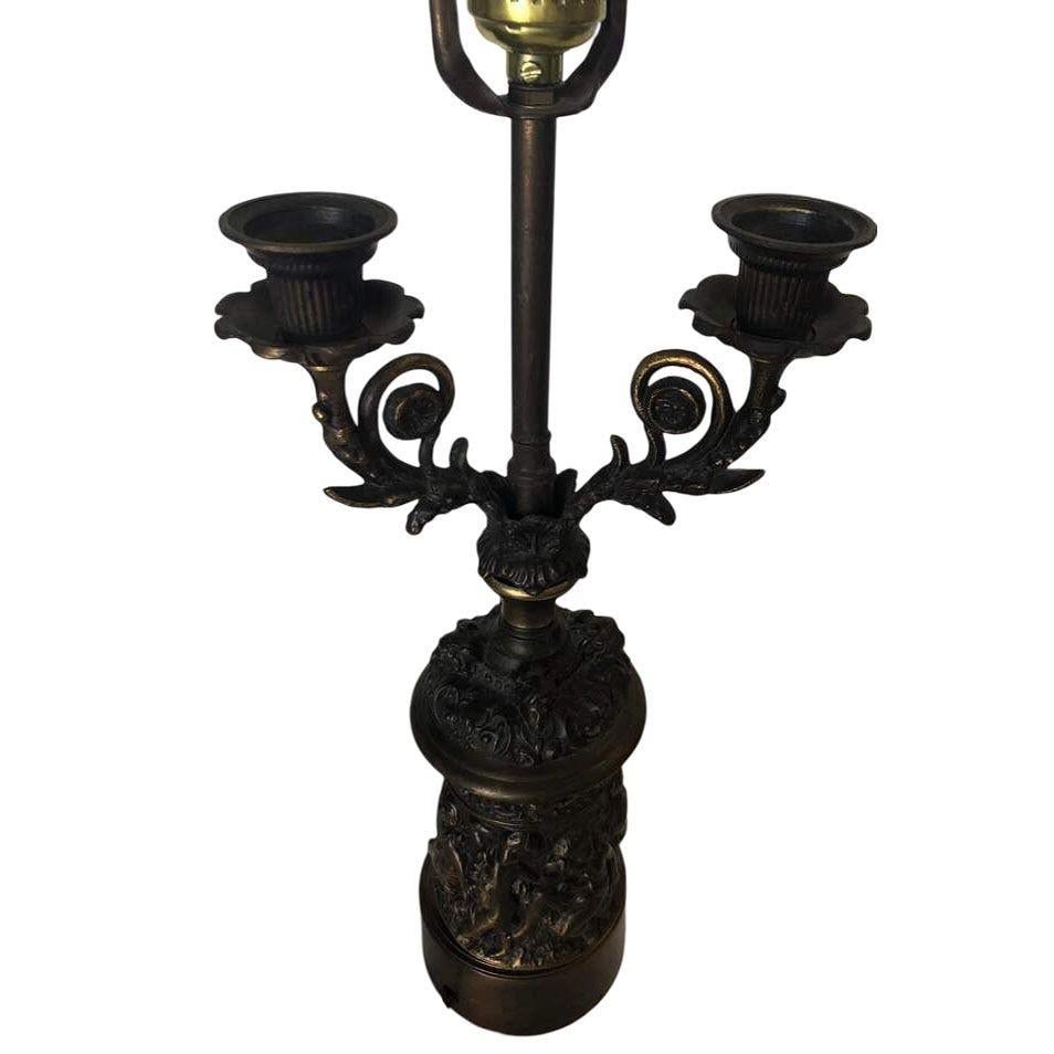 Neo-Classic Bronze Patina Cherub Candelabra Table Lamp - 17