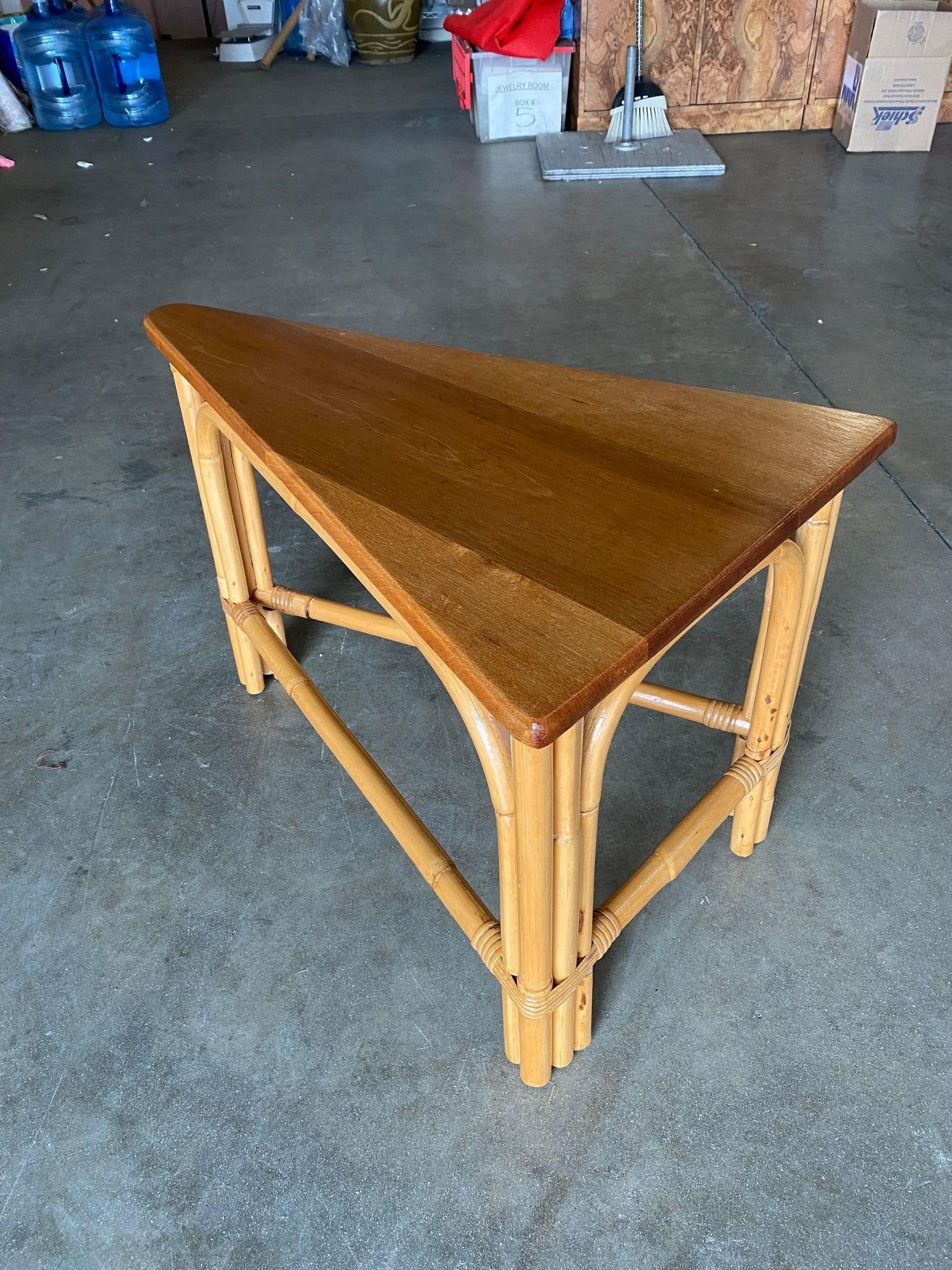 Restored Rattan Corner Wedge Table with Mahogany Tabletop - 18