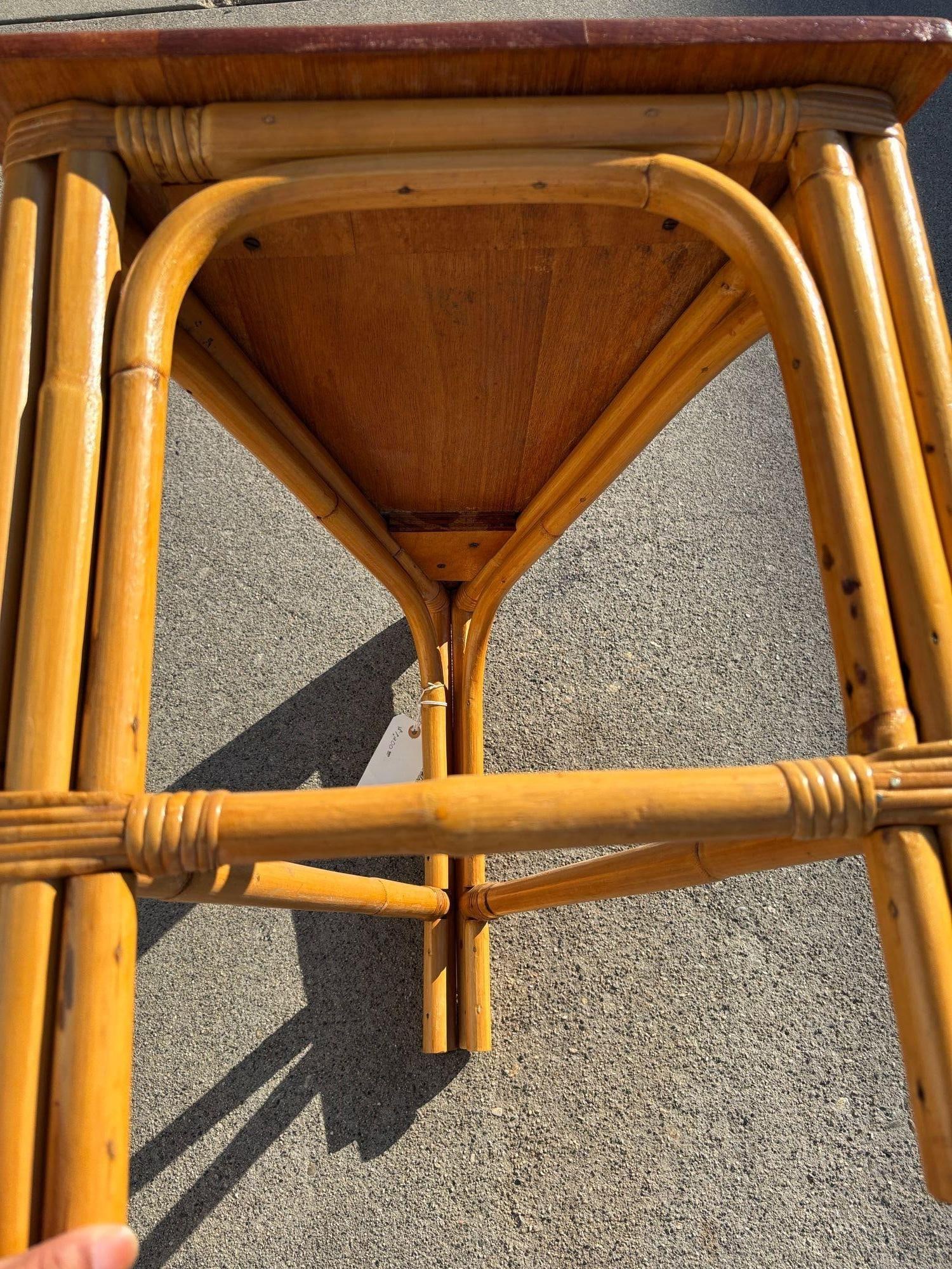 Restored Rattan Corner Wedge Table with Mahogany Tabletop - 6