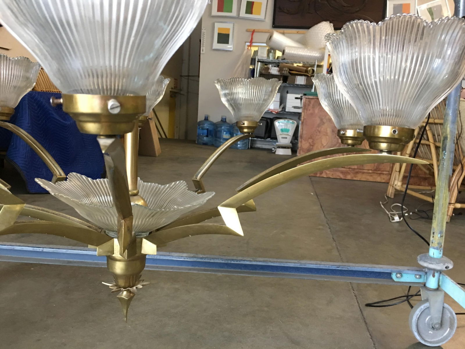 Bronze Modernist Lighting Bolt Chandelier with Holophane Glass Fixtures - 13