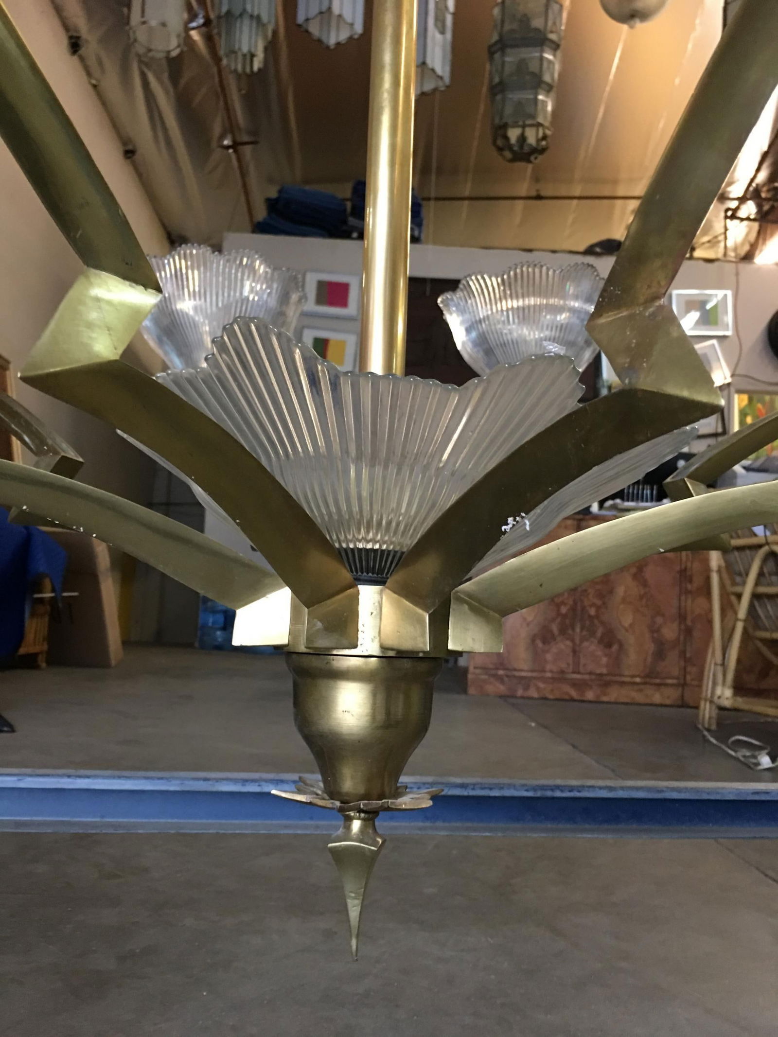 Bronze Modernist Lighting Bolt Chandelier with Holophane Glass Fixtures - 15