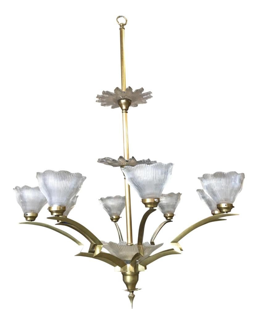 Bronze Modernist Lighting Bolt Chandelier with Holophane Glass Fixtures - 16