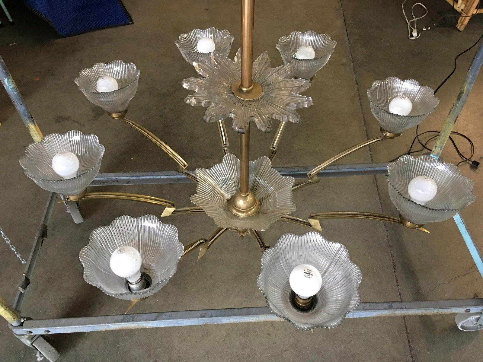 Bronze Modernist Lighting Bolt Chandelier with Holophane Glass Fixtures - 20