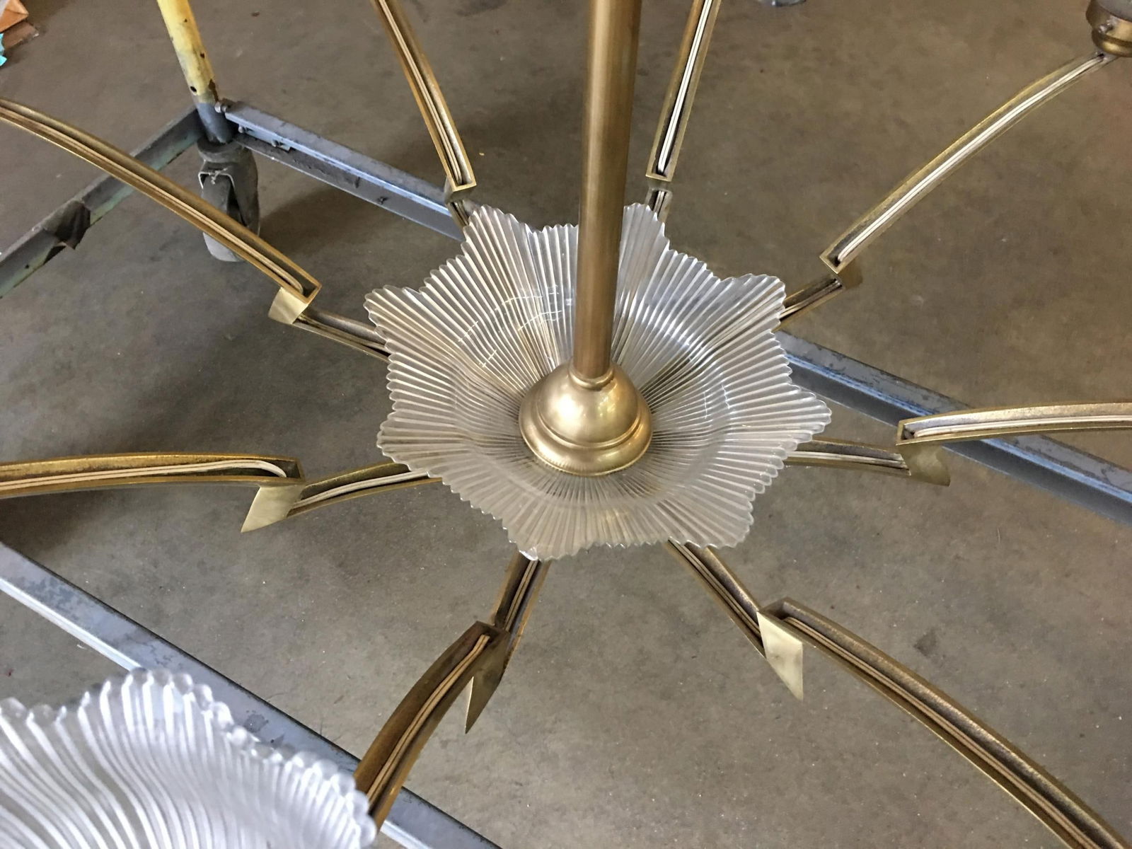 Bronze Modernist Lighting Bolt Chandelier with Holophane Glass Fixtures - 4