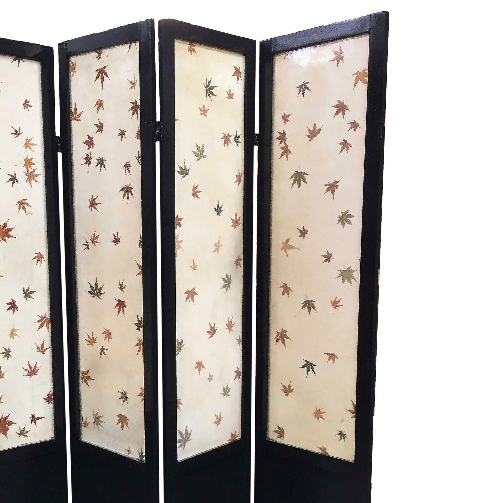Black Lacquer Folding Screen w/ Fiberglass Maple Leaf Inserts - 4