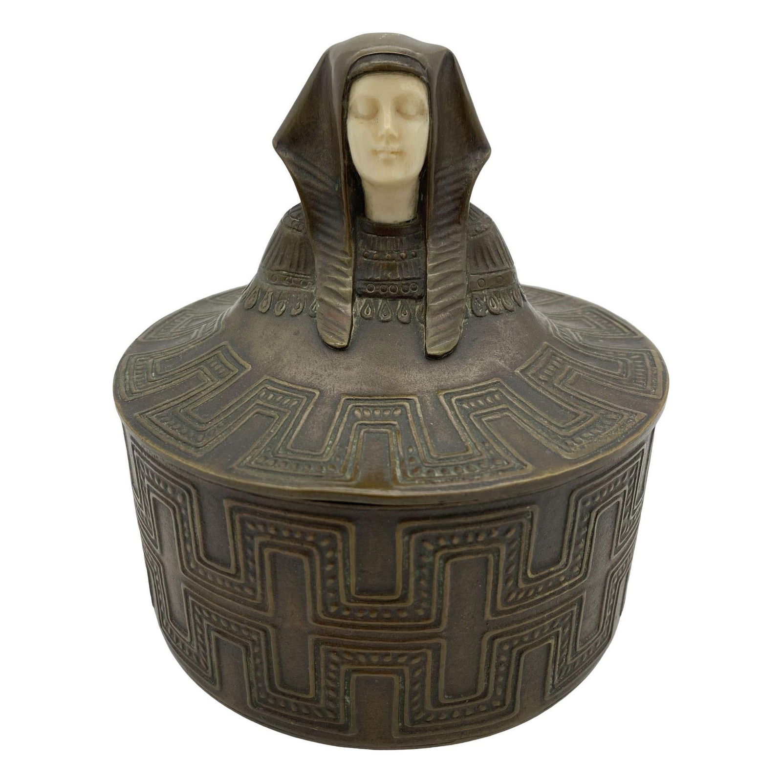 Egyptian Revival Bronze Round Pharaoh Case W/ Carved Bone Face, Circa 1920 - 17