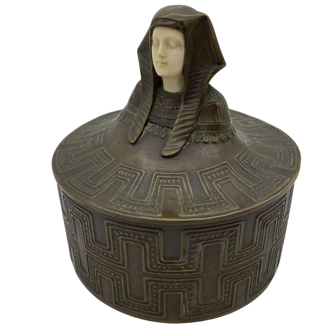 Egyptian Revival Bronze Round Pharaoh Case W/ Carved Bone Face, Circa 1920 - 18