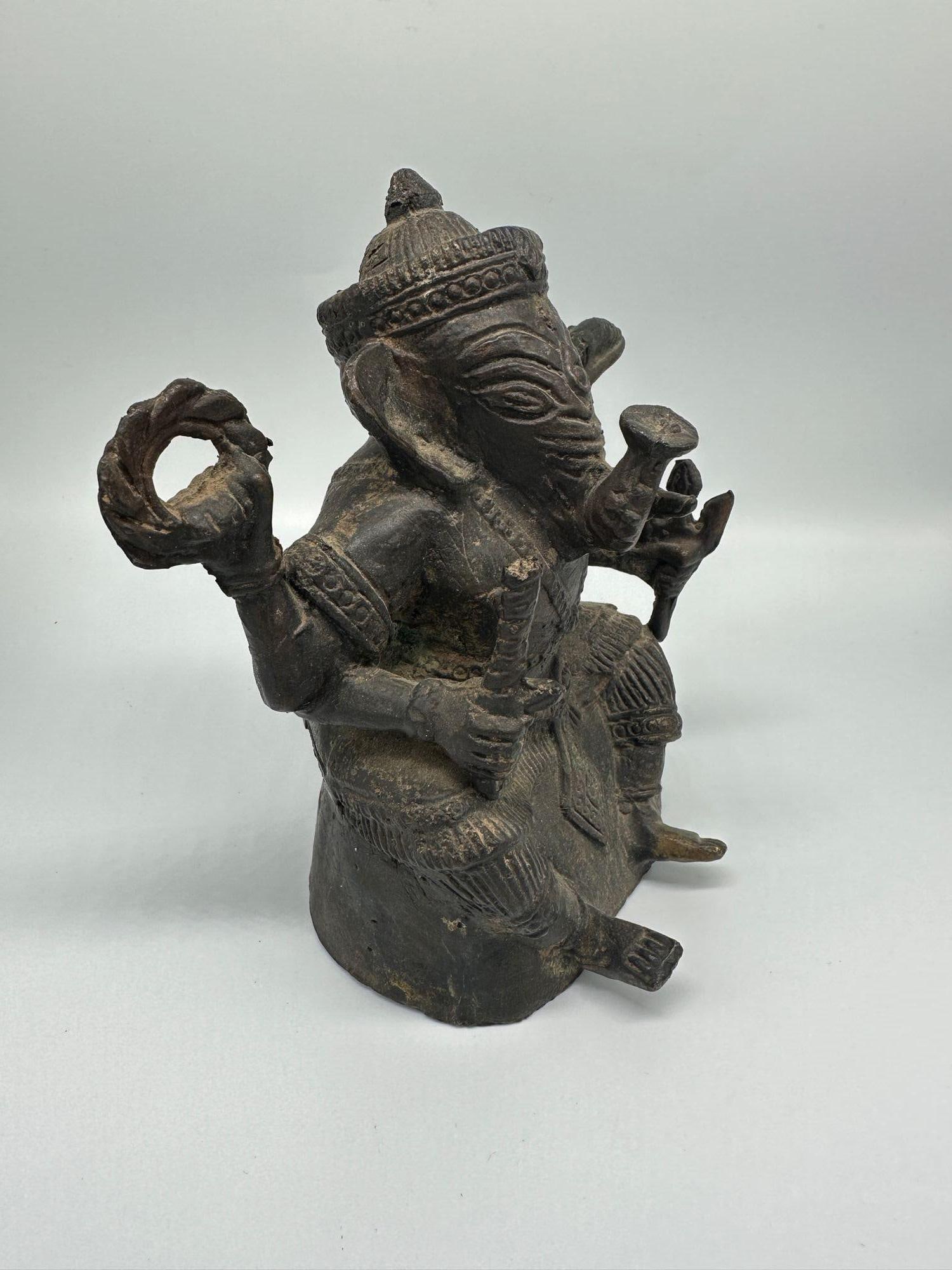 Antique Bronze Ganesha Seated Meditation Four Hands Hindu Ganapati Sculpture - 12