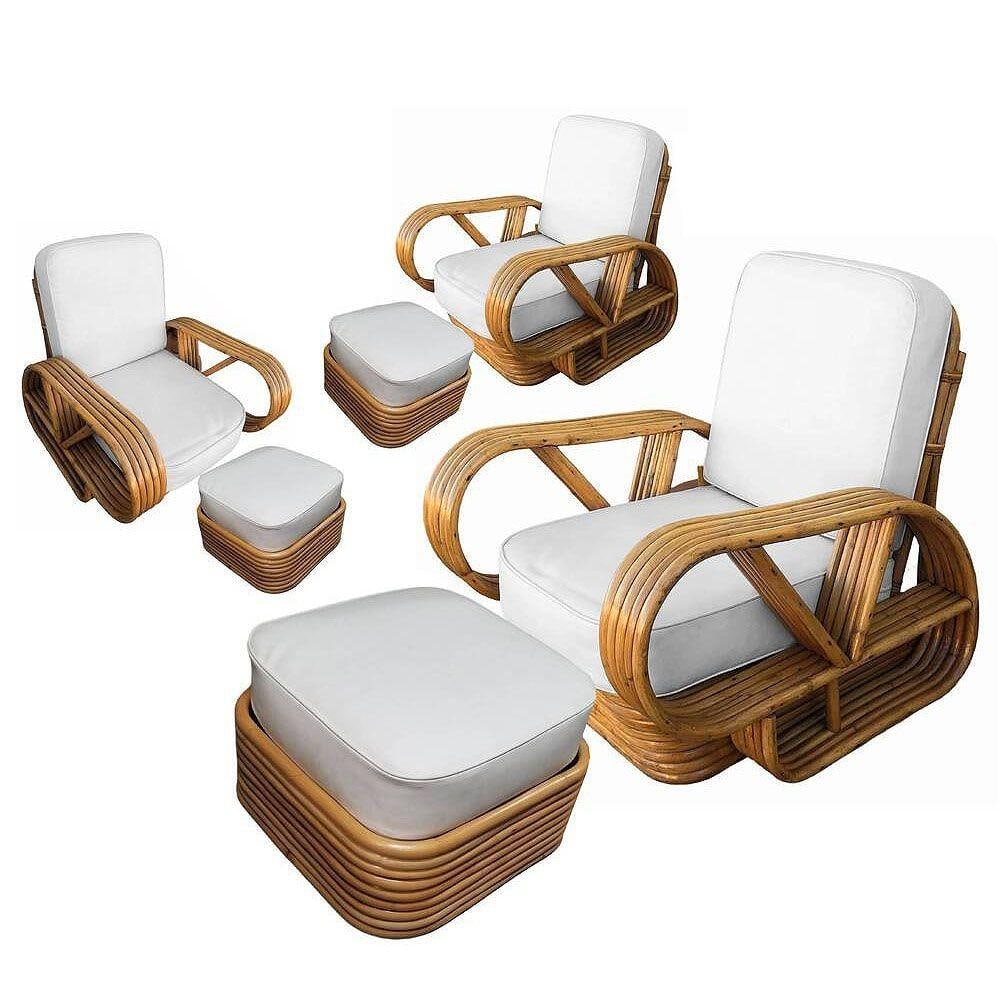 Restored Rattan Five-Strand "Victory Speed" Arm Loungechair w/ Ottoman, Set of 3 - 18