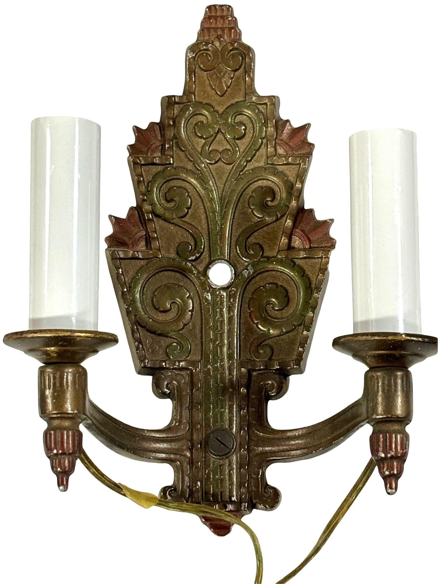 1920s Geometric Stepped Art Deco Daul Arm Bronze Wall Sconce by Crescent Brass - 15