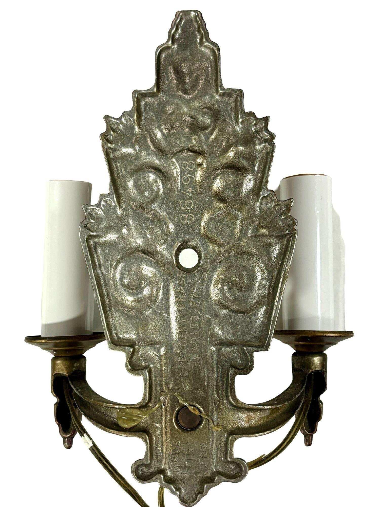 1920s Geometric Stepped Art Deco Daul Arm Bronze Wall Sconce by Crescent Brass - 4