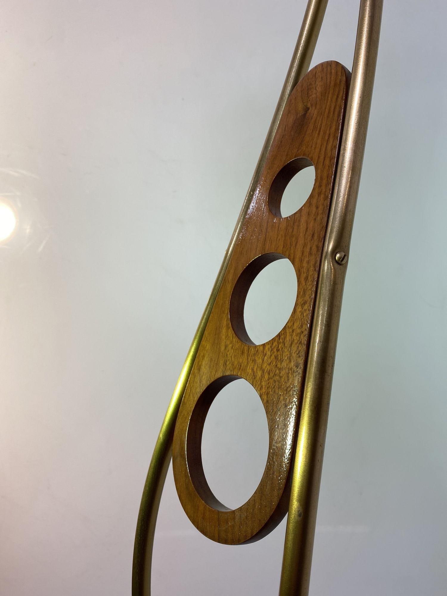 Mid Century Walnut and Brass Floor Lamp with Whipstitch Fiberglass Lamp Shades - 11