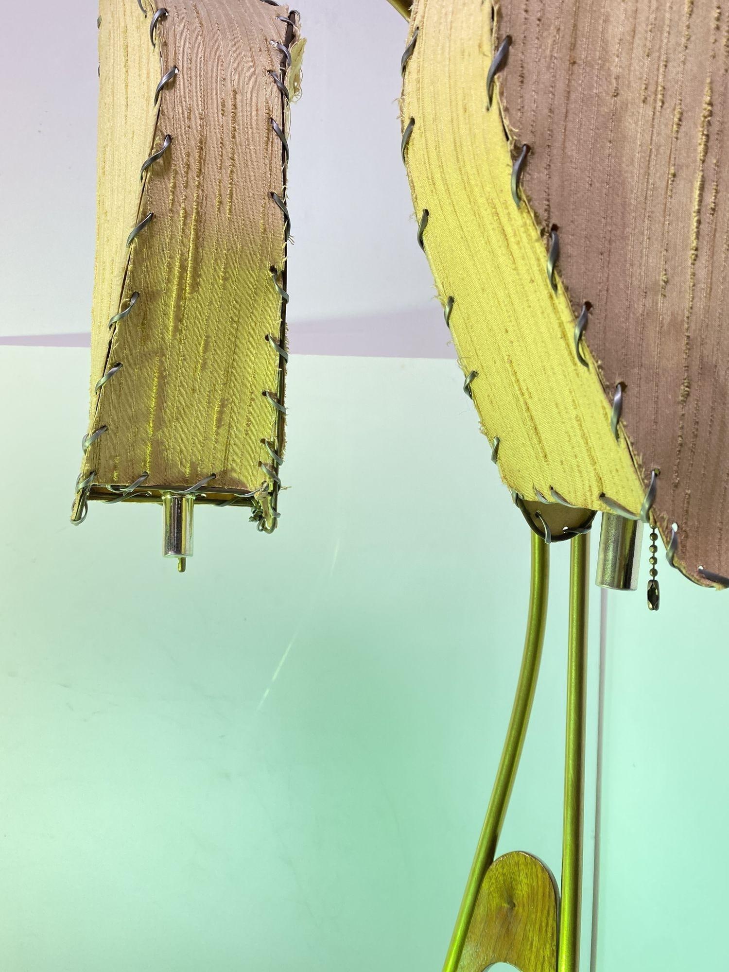 Mid Century Walnut and Brass Floor Lamp with Whipstitch Fiberglass Lamp Shades - 16