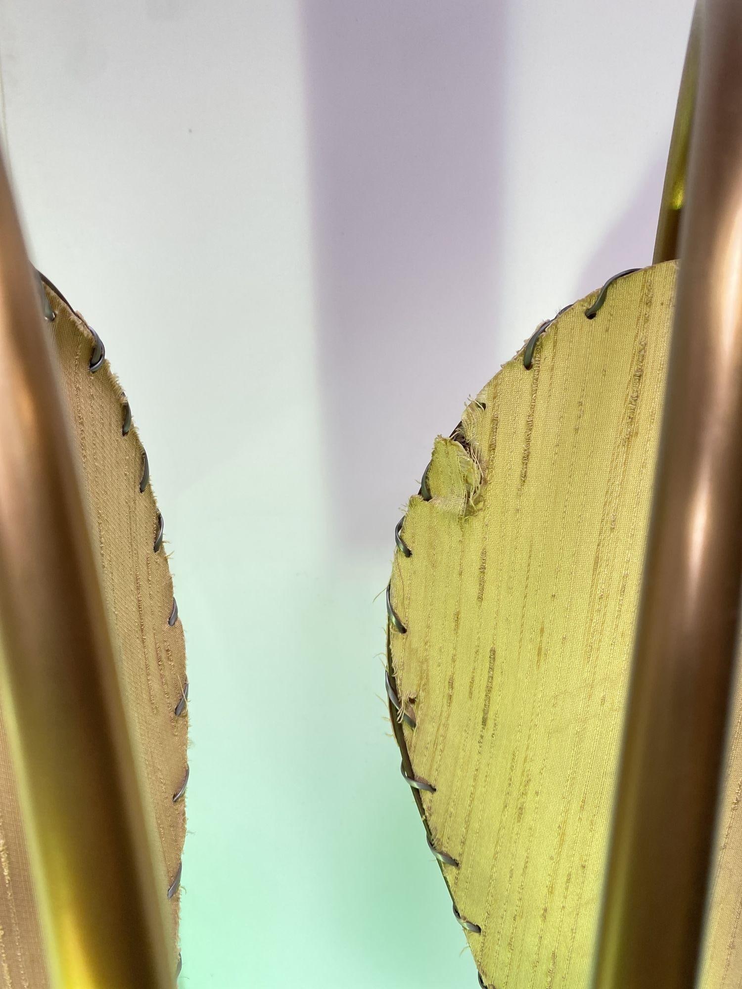 Mid Century Walnut and Brass Floor Lamp with Whipstitch Fiberglass Lamp Shades - 8