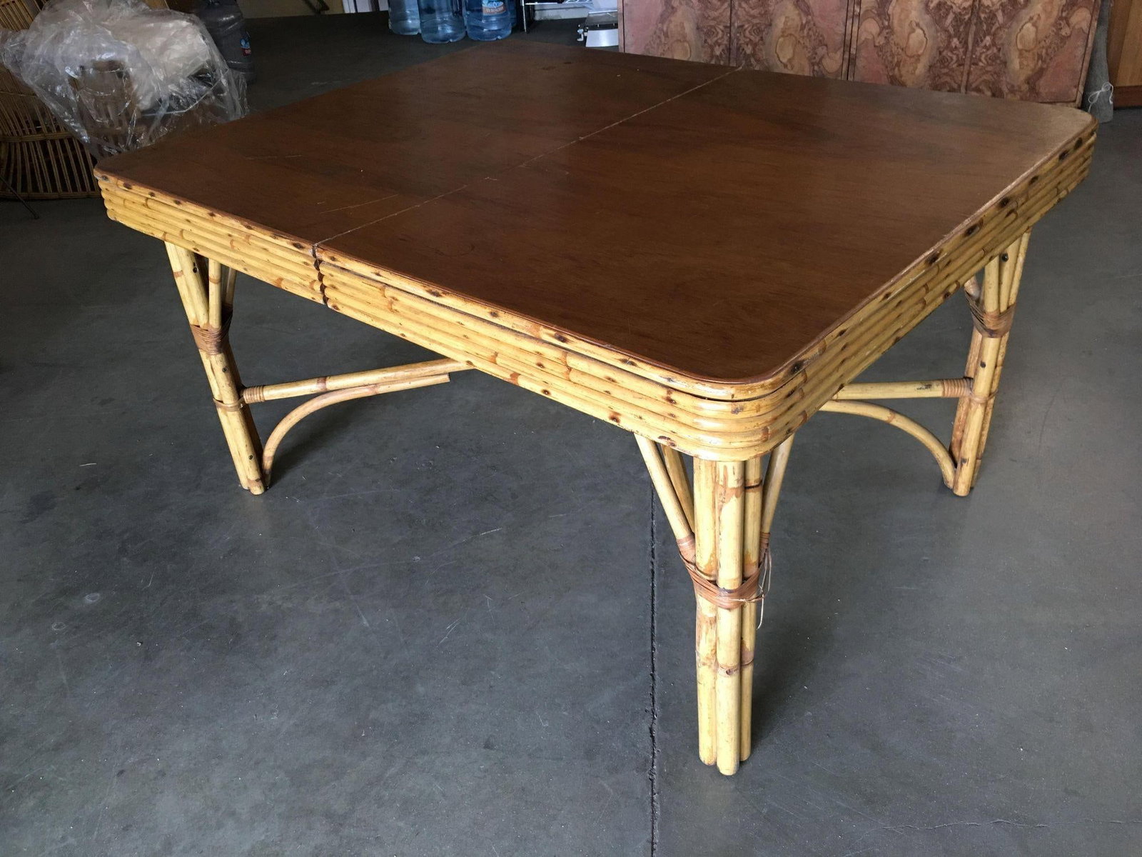 Restored Six Person Rattan Dining Table W/ Stacked Mahogany Top - 2