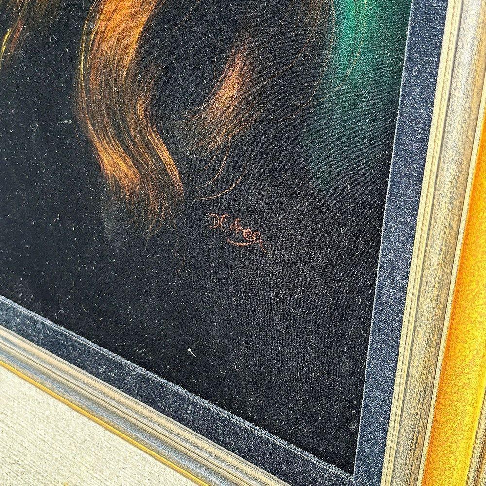 Framed Mid-century Hand Painted Oil on Velvet Female Portrait, Signed Cohen - 12