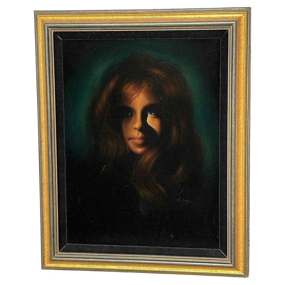 Framed Mid-century Hand Painted Oil on Velvet Female Portrait, Signed Cohen - 7