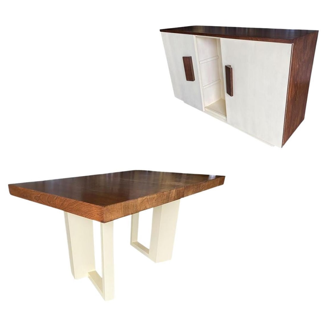 Paul Frankl Dining Table & Buffet Cabinet by Johnson Furniture: Elegant Walnut dining table with matching buffet cabinet, designed by Paul Frankl for The Johnson Furniture Company, American, circa 1940. The table has been refinished in a slight red hue on the tabl