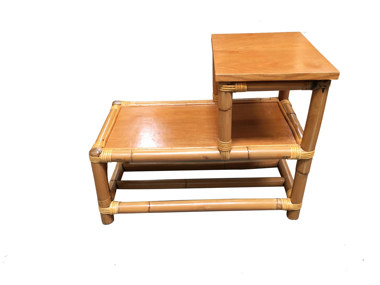 Restored Stick Leg Rattan Side Table with Two-Tier Wood Tops - 16