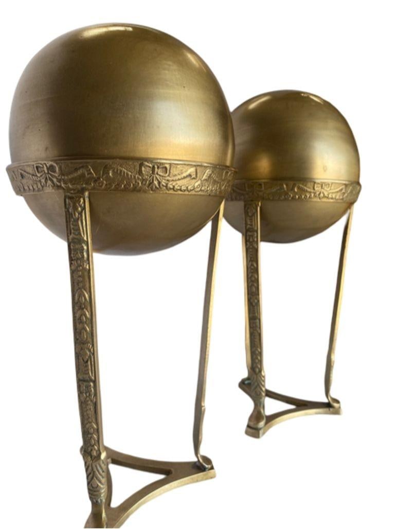 Art Nouvea Style Pair of Embossed Brass Crystal Orb and Pedistals - 14
