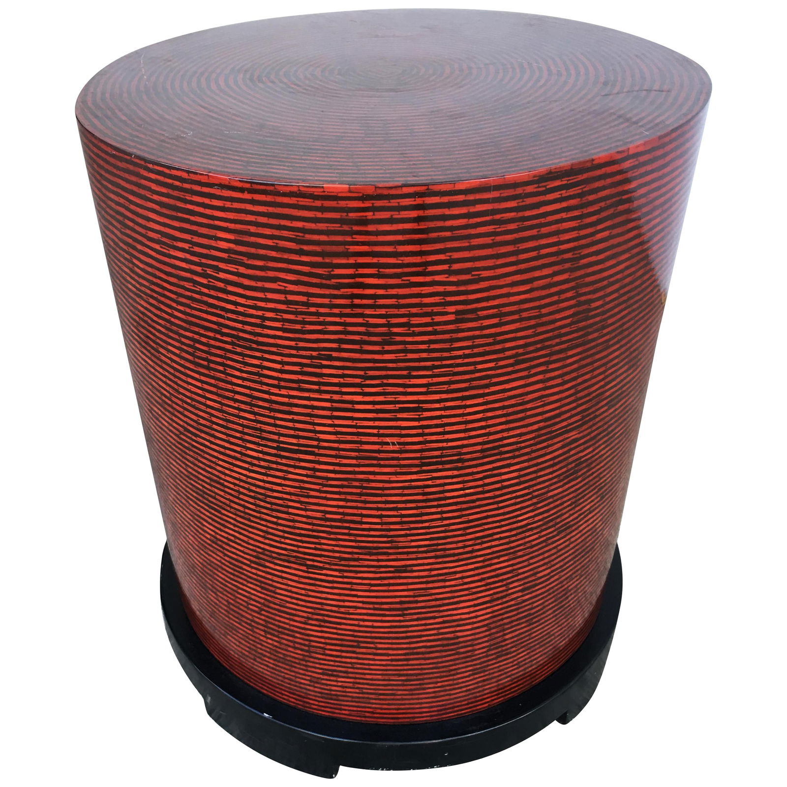 Two-Tone Cubist Style Round Side Table: Two-tone Cubist Style round side table with red and tan textured vinyl tops. Matching coffee table available search "Two-Tone Cubist Style Round" Available- 2 Reserve: $1,170.00 Shipping: Domestic: Sh