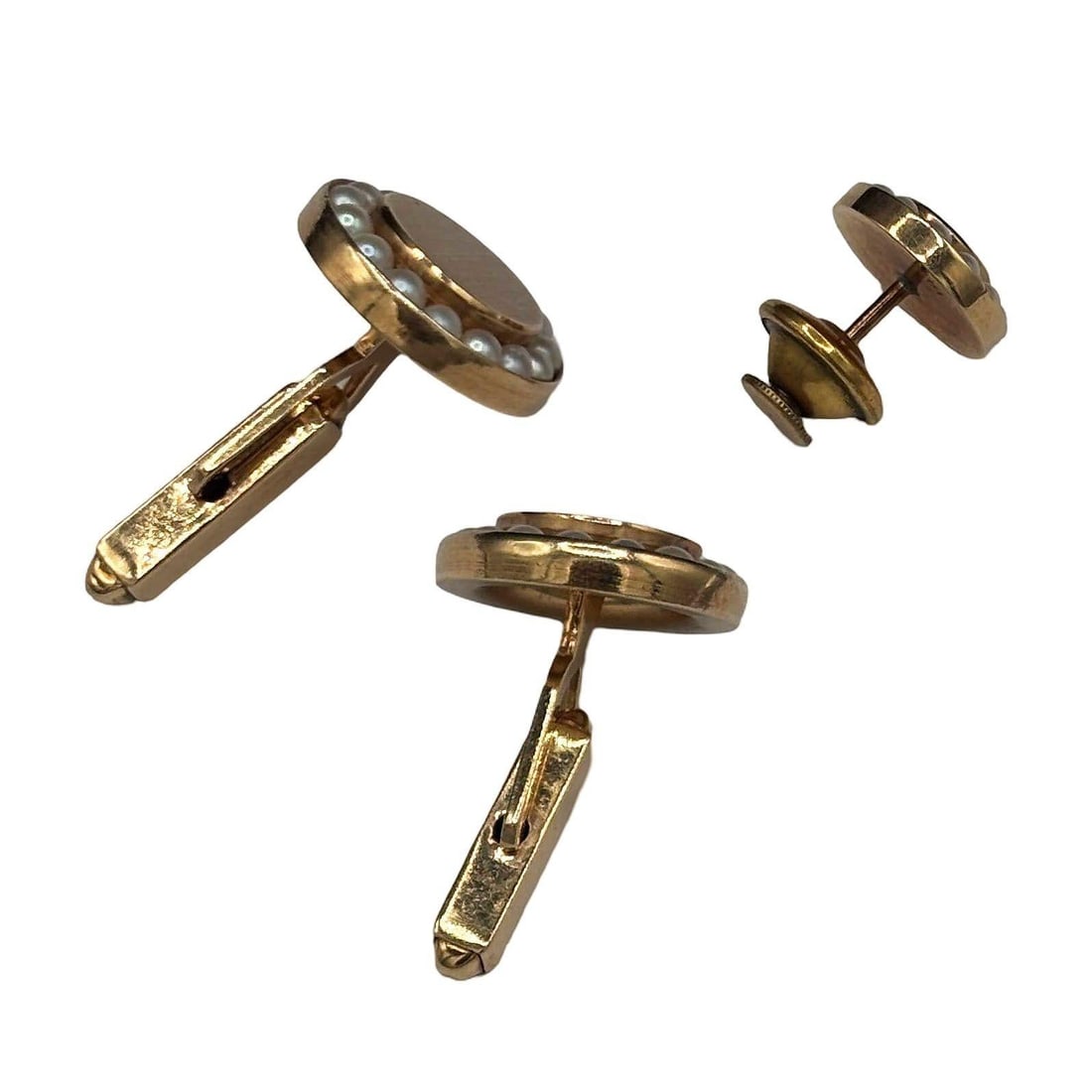 Round 14-Karat Pearl Cufflinks with Bullet Back Clasp and tie Pin - 3