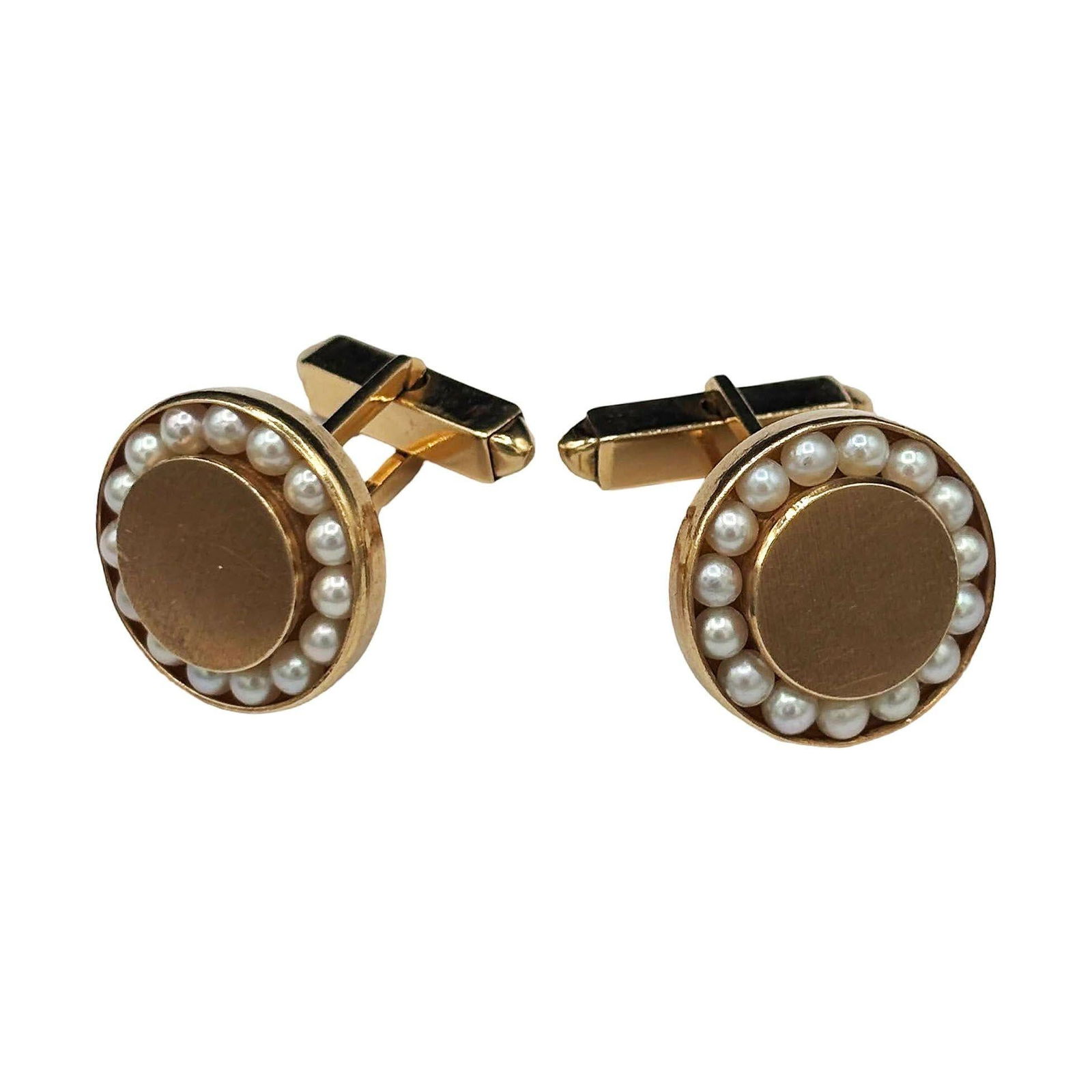 Round 14-Karat Pearl Cufflinks with Bullet Back Clasp and tie Pin - 9