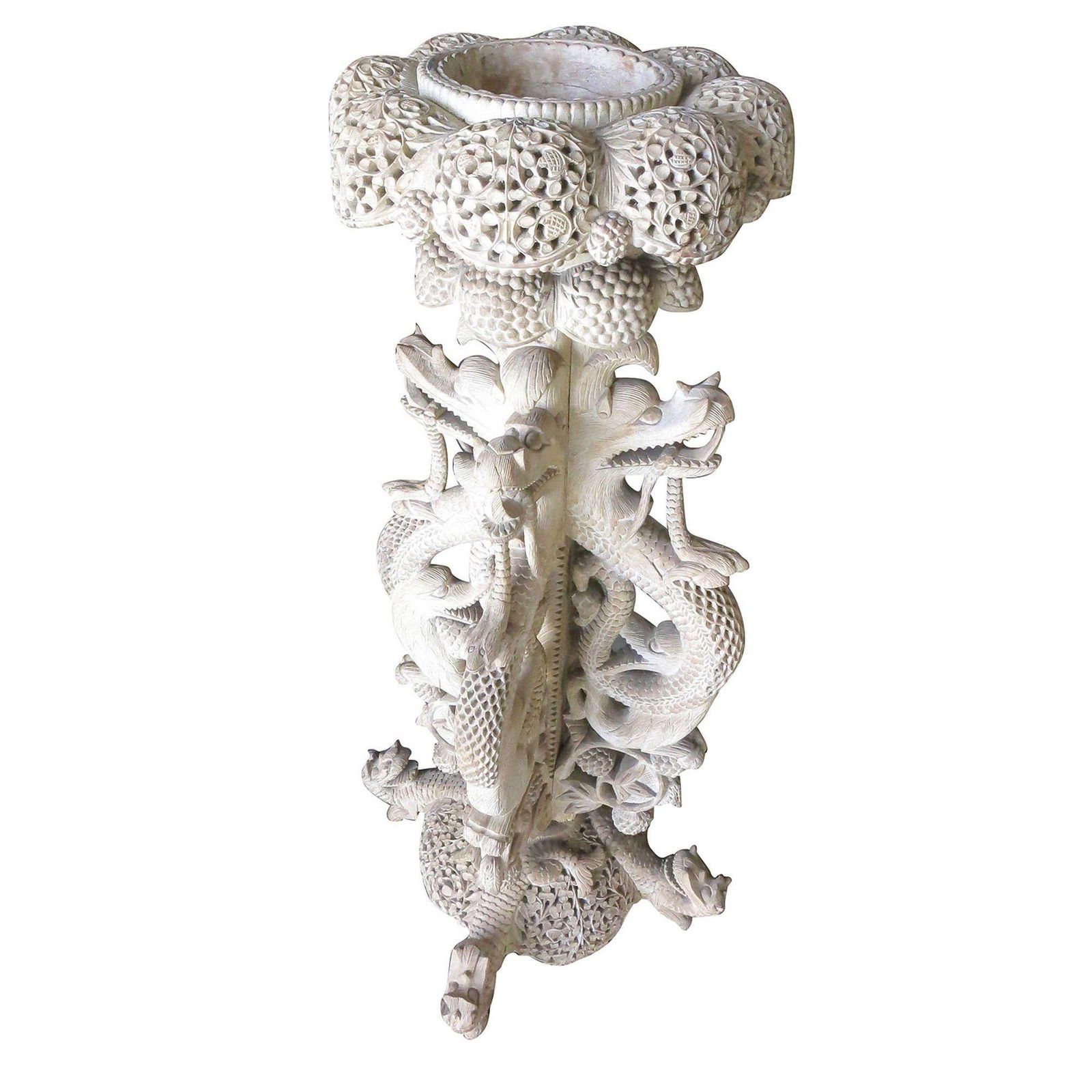 Large Hand Carved Burmese Dragon Pedestal Planter - 17
